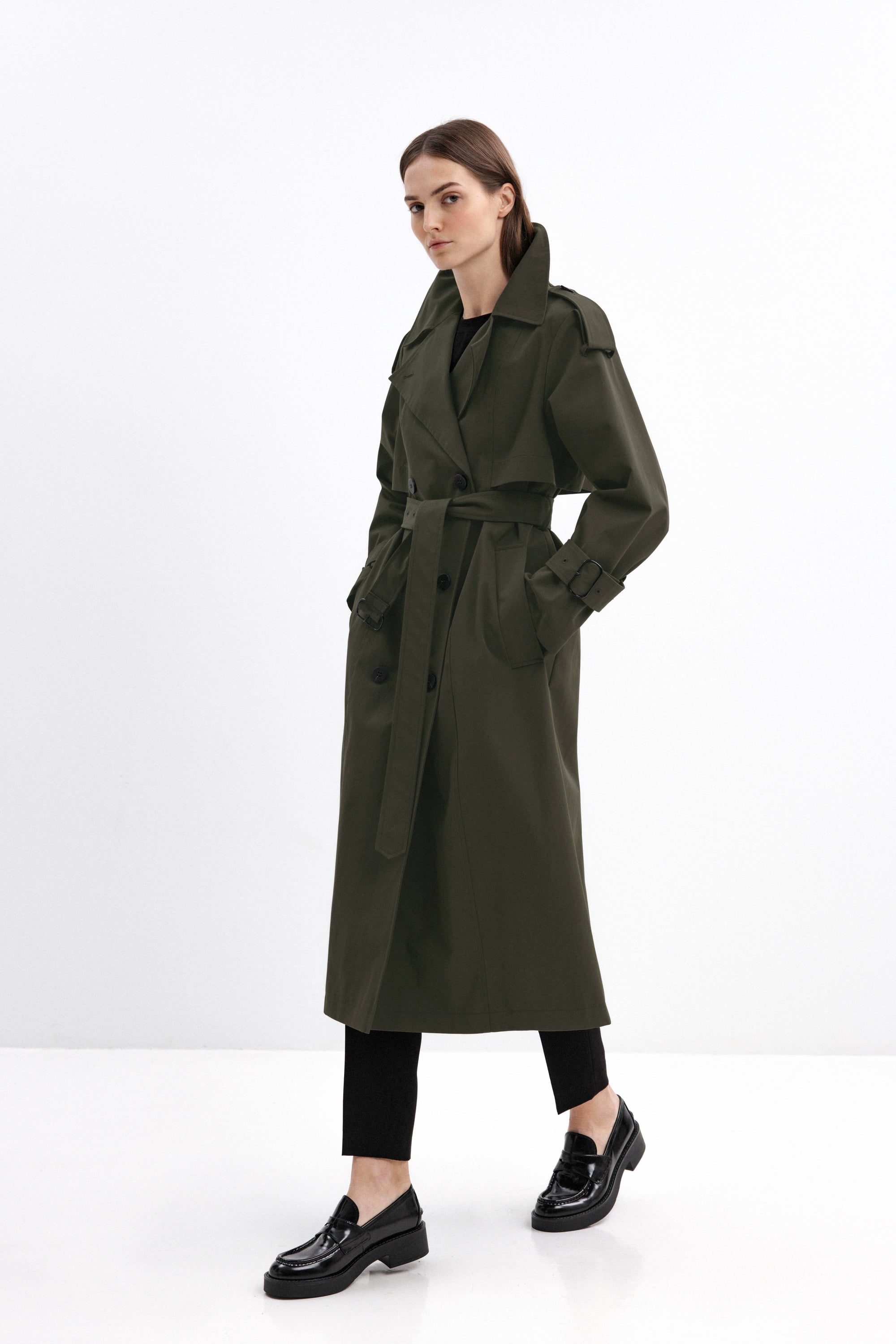 DOUBLE-BREASTED TRENCH COAT IN OLIVE