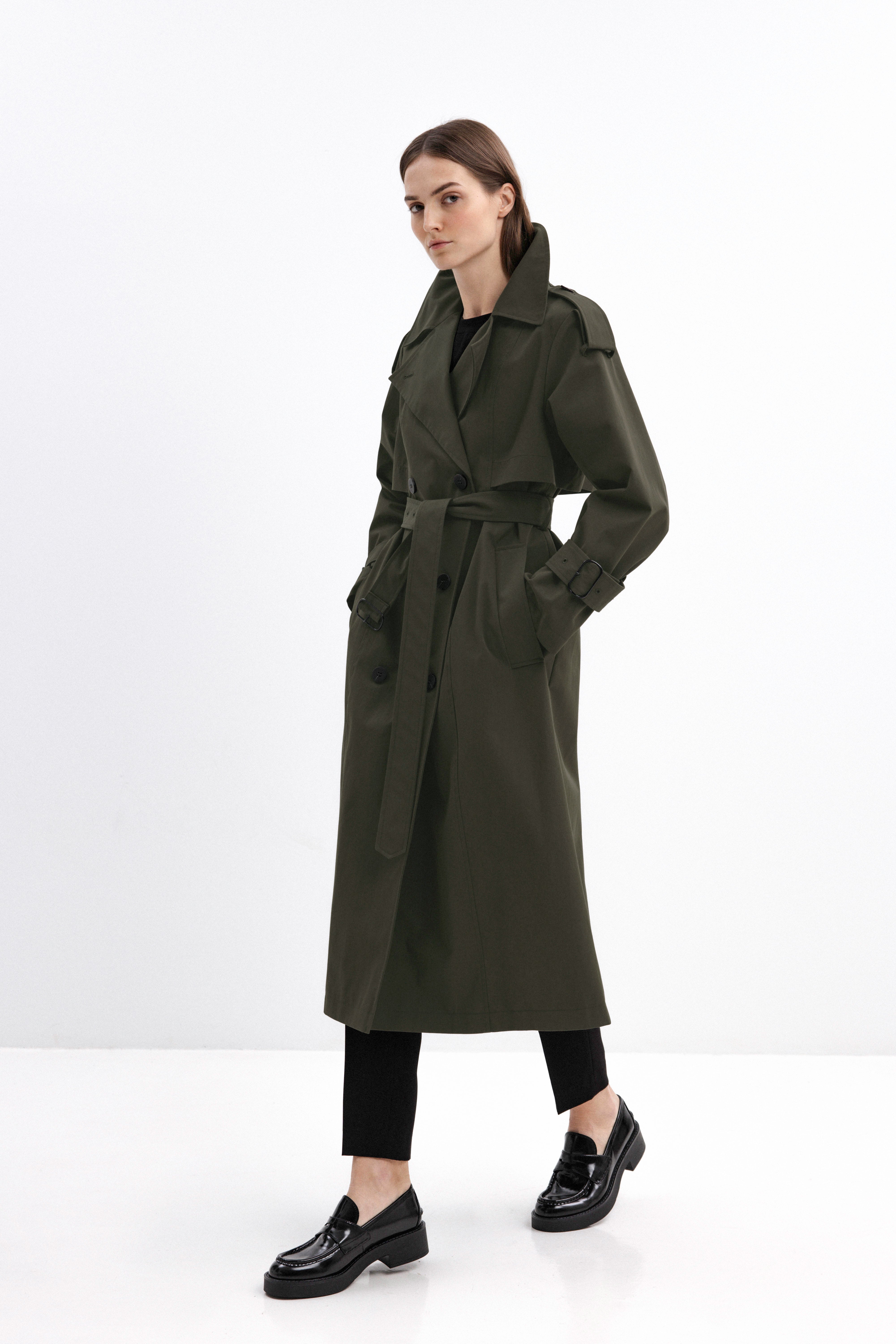 DOUBLE-BREASTED TRENCH COAT IN OLIVE