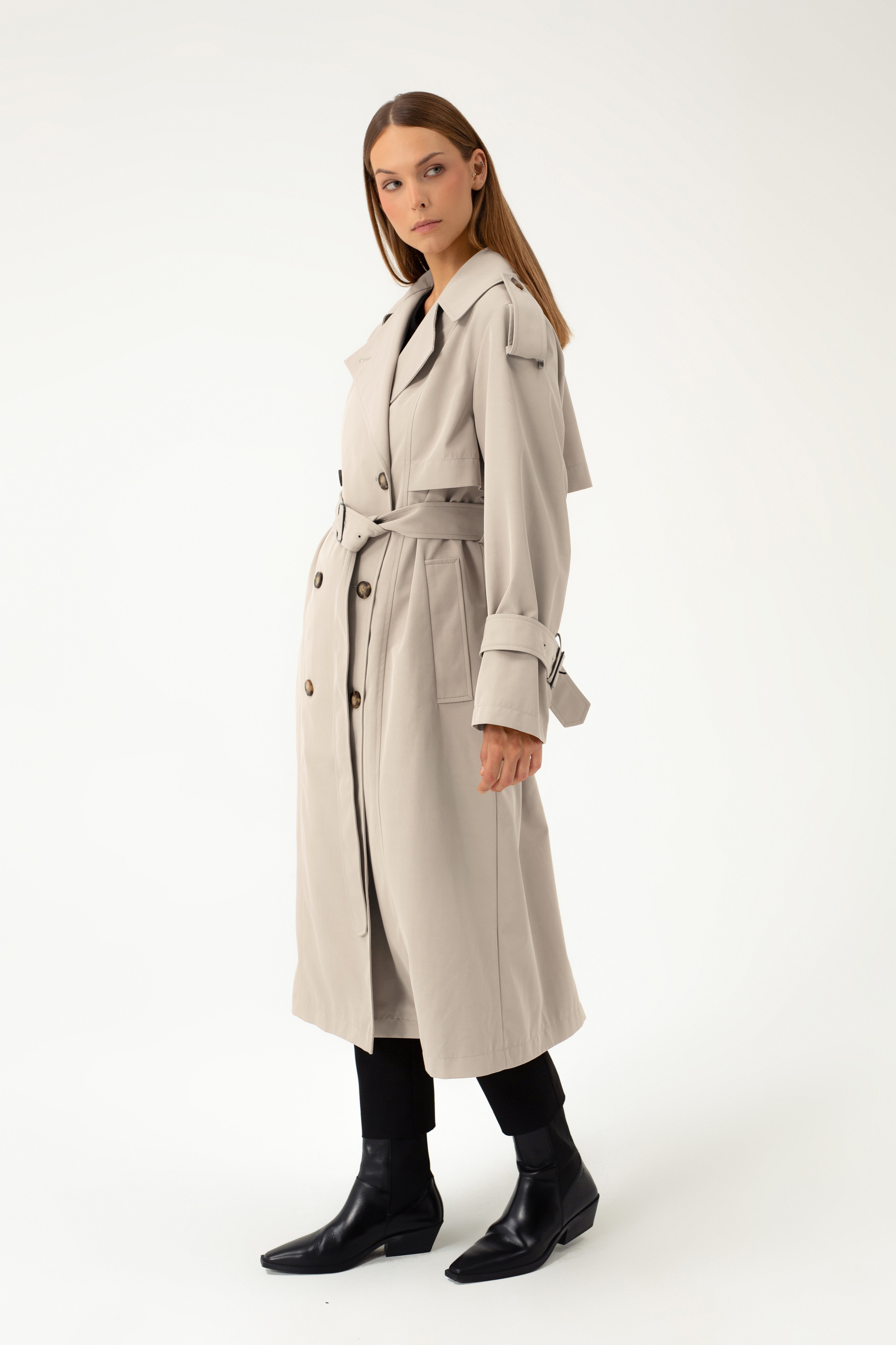 BEIGE TRENCHCOAT WITH DECORATIVE BELTS