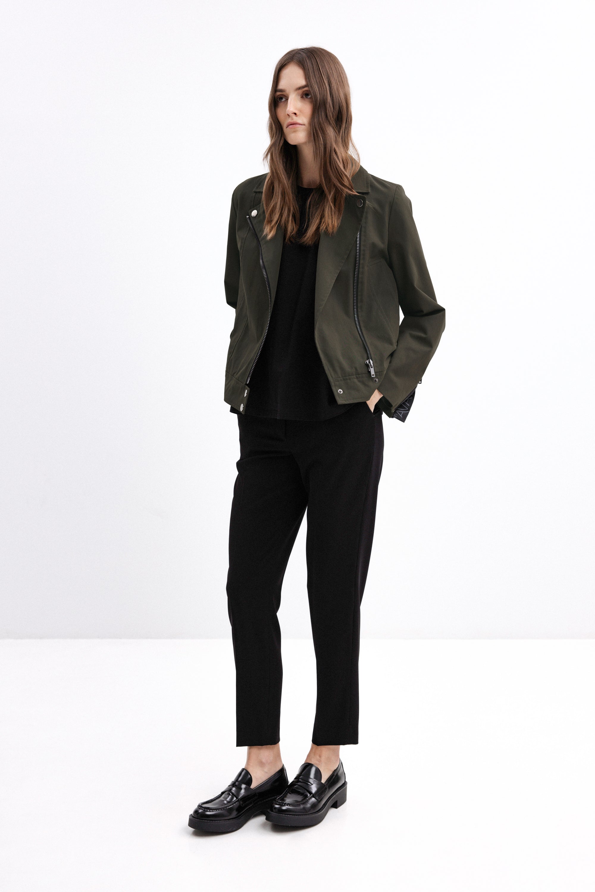 BIKER-STYLE SHORT JACKET IN OLIVE