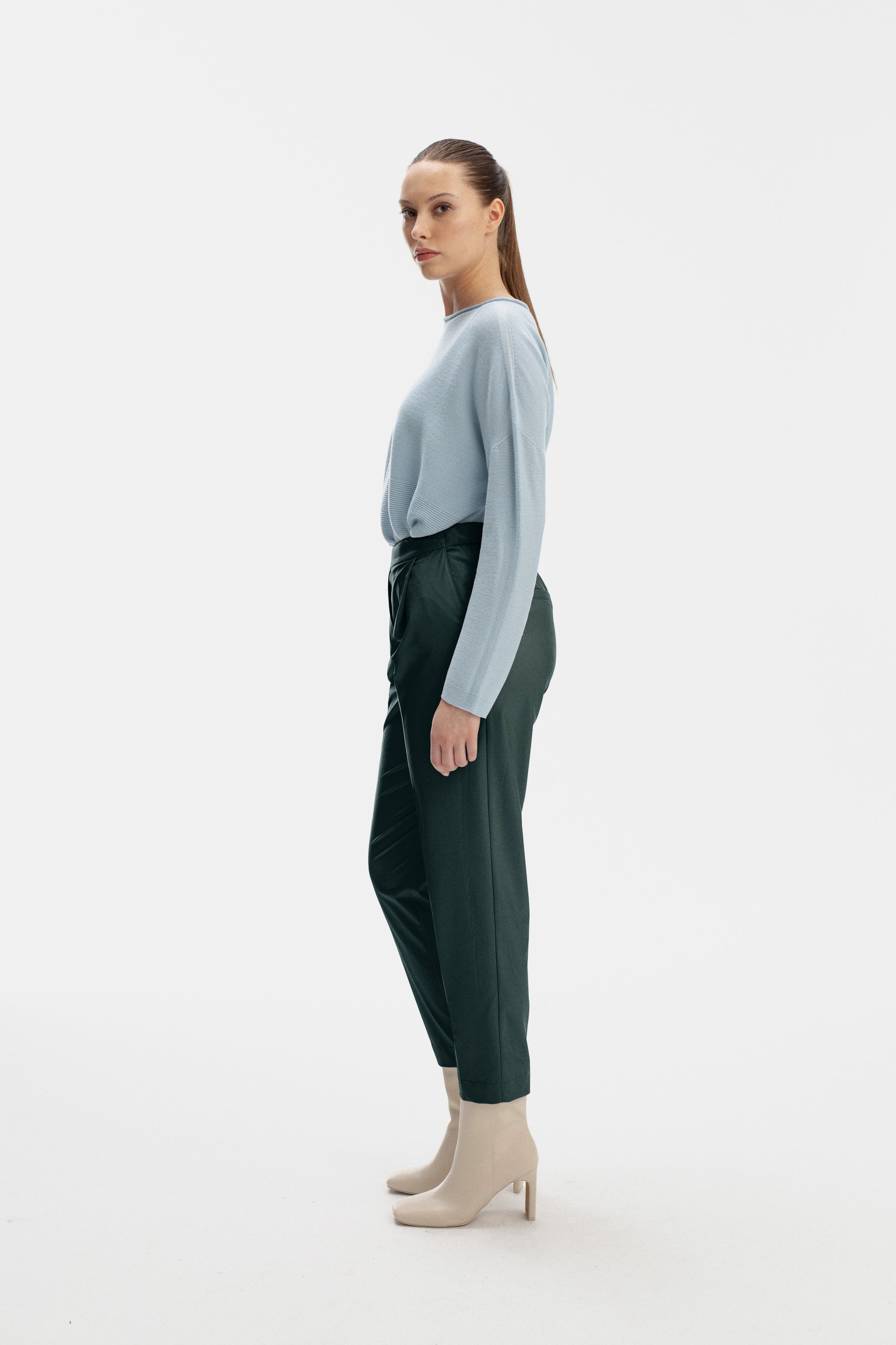 GREEN ECO LEATHER TROUSERS WITH ELASTIC WAISTBAND