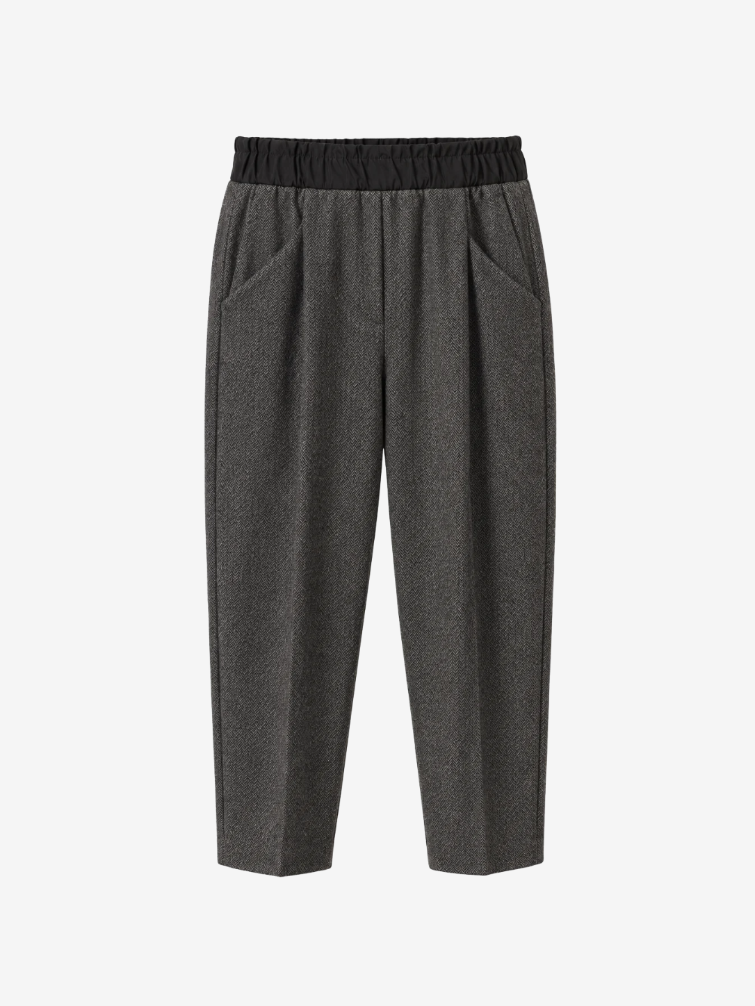 GREY CROPPED WOOL-BLEND TROUSERS WITH ELASTICATED WAISTBAND