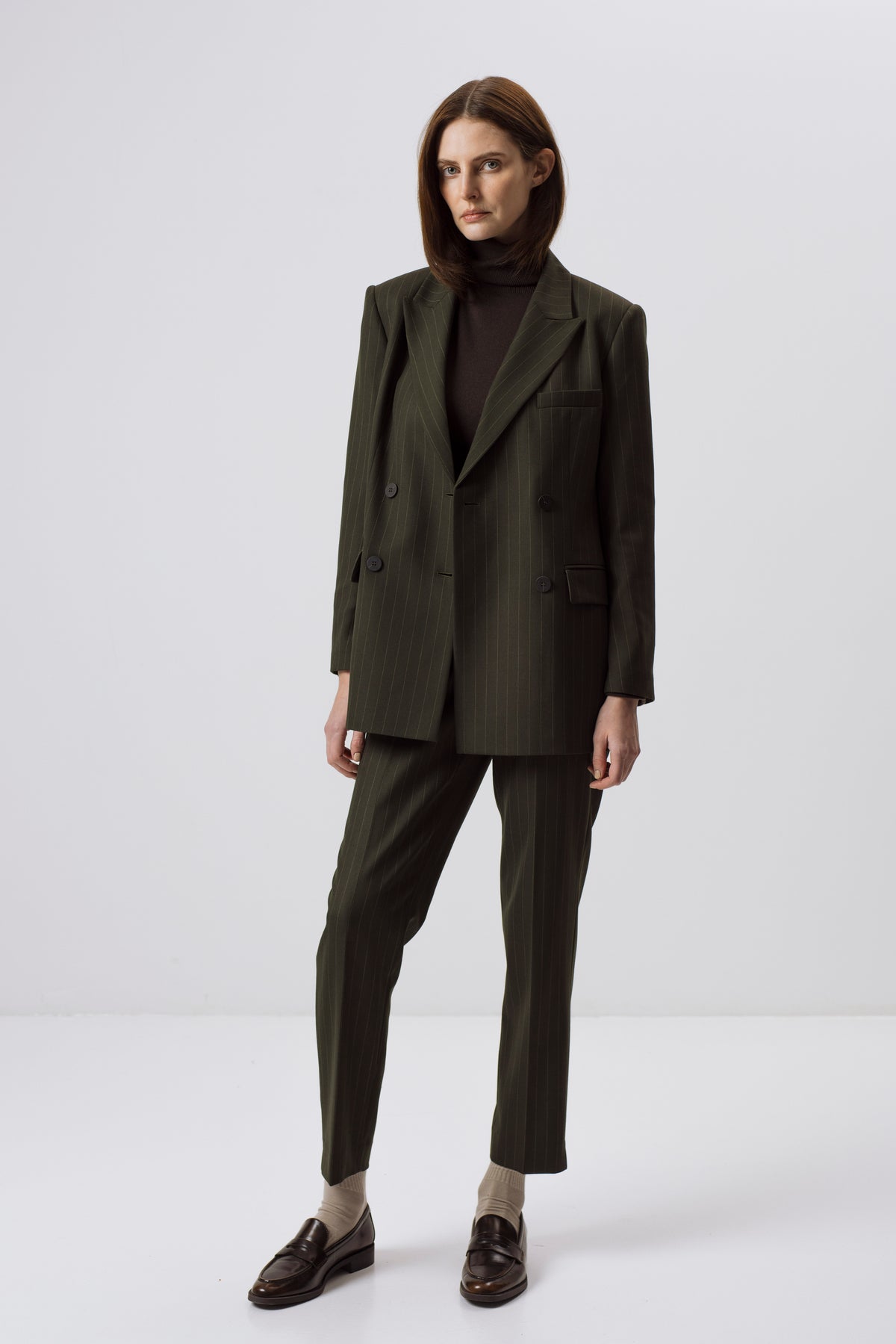 FOREST GREEN PINSTRIPE DOUBLE-BREASTED BLAZER