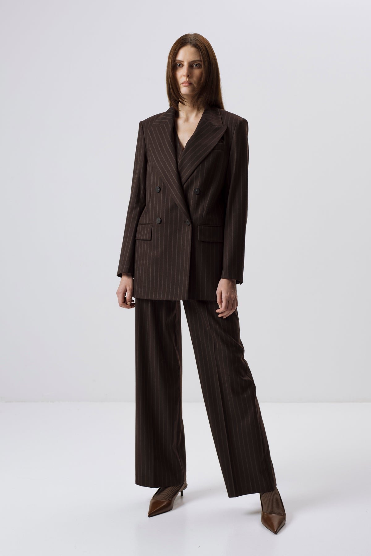 DARK BROWN PINSTRIPE STRAIGHT-LEG TROUSERS WITH WOOL