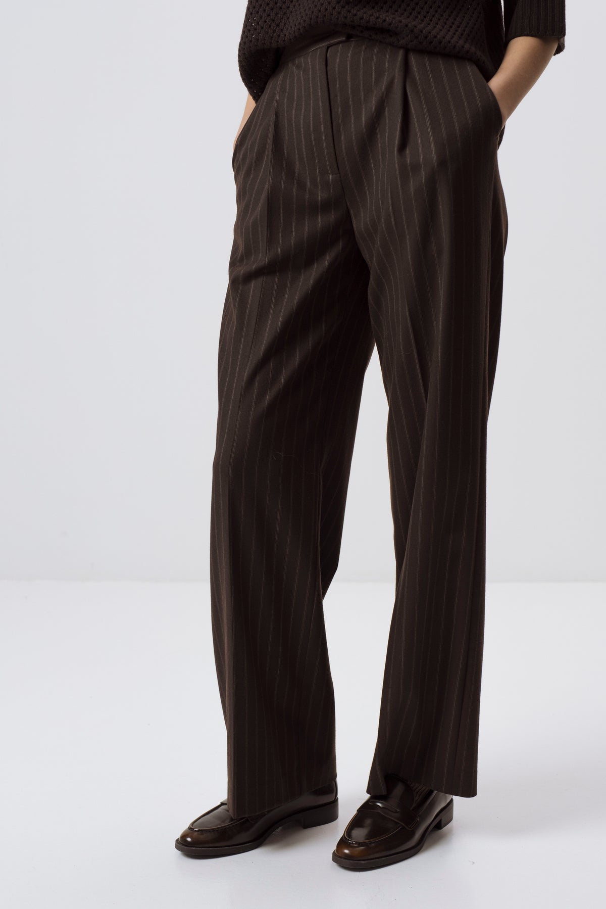 DARK BROWN PINSTRIPE STRAIGHT-LEG TROUSERS WITH WOOL