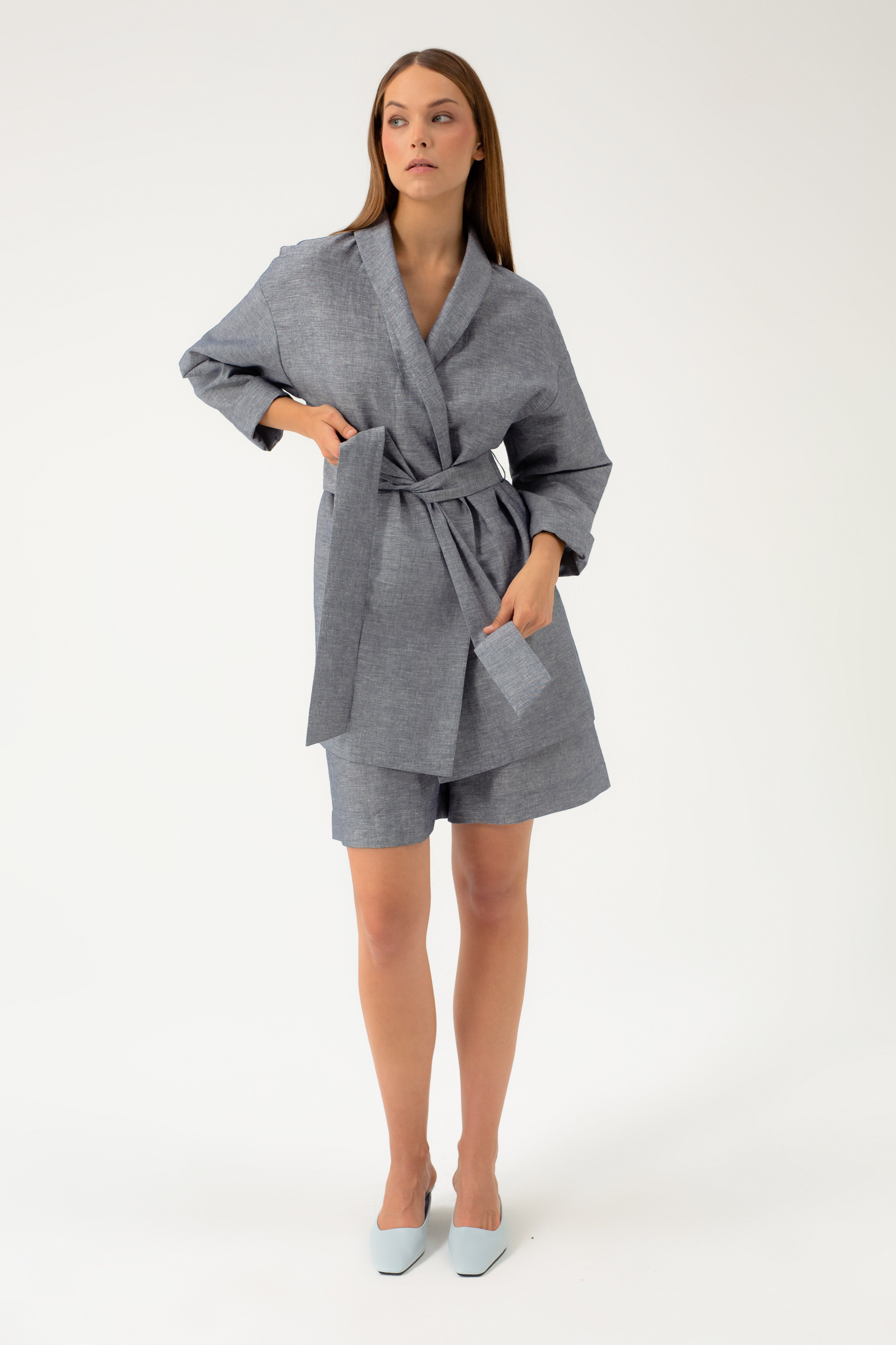 NAVY MELANGE SHORTS WITH LINEN