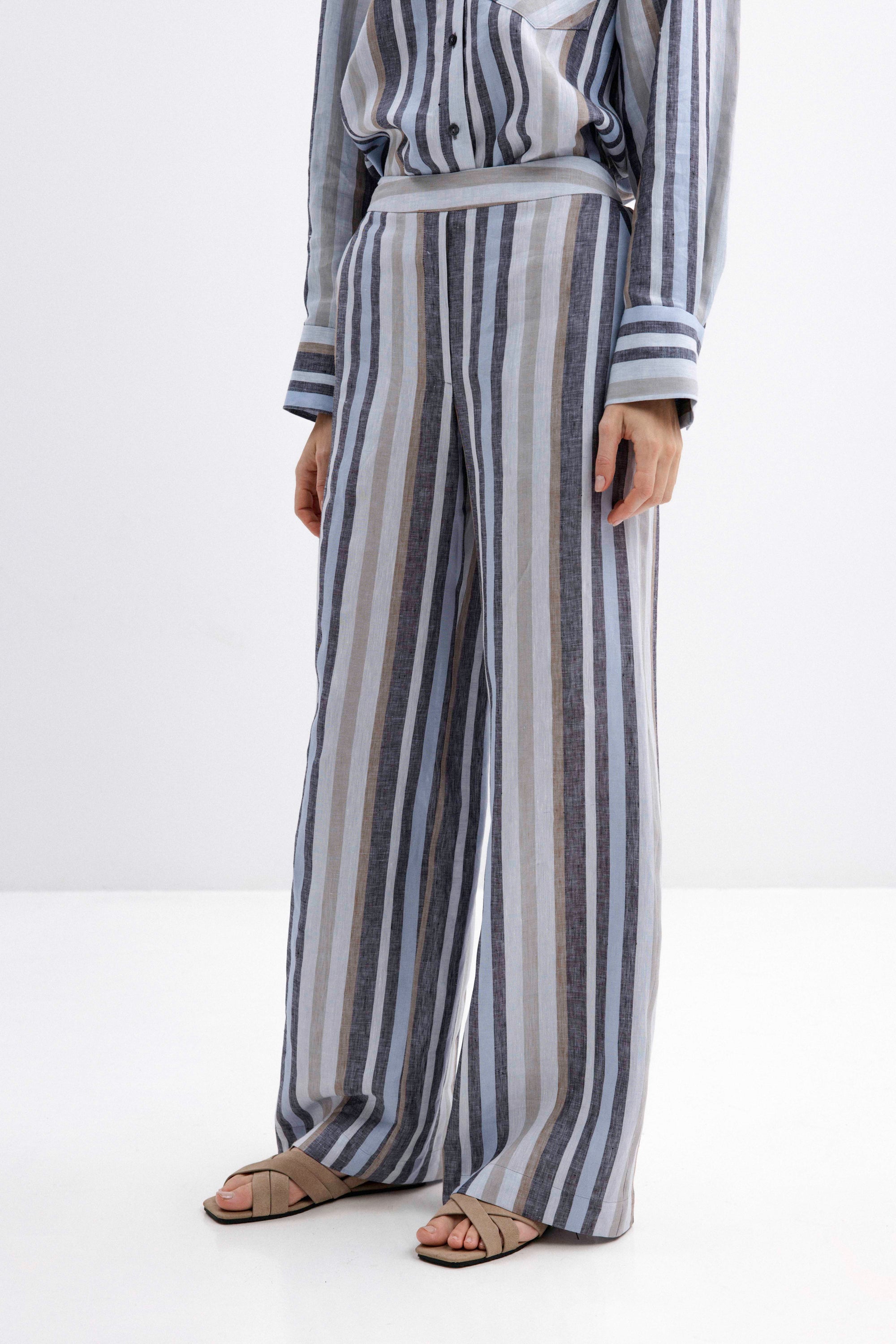 STRIPED WIDE-LEG LINEN TROUSERS