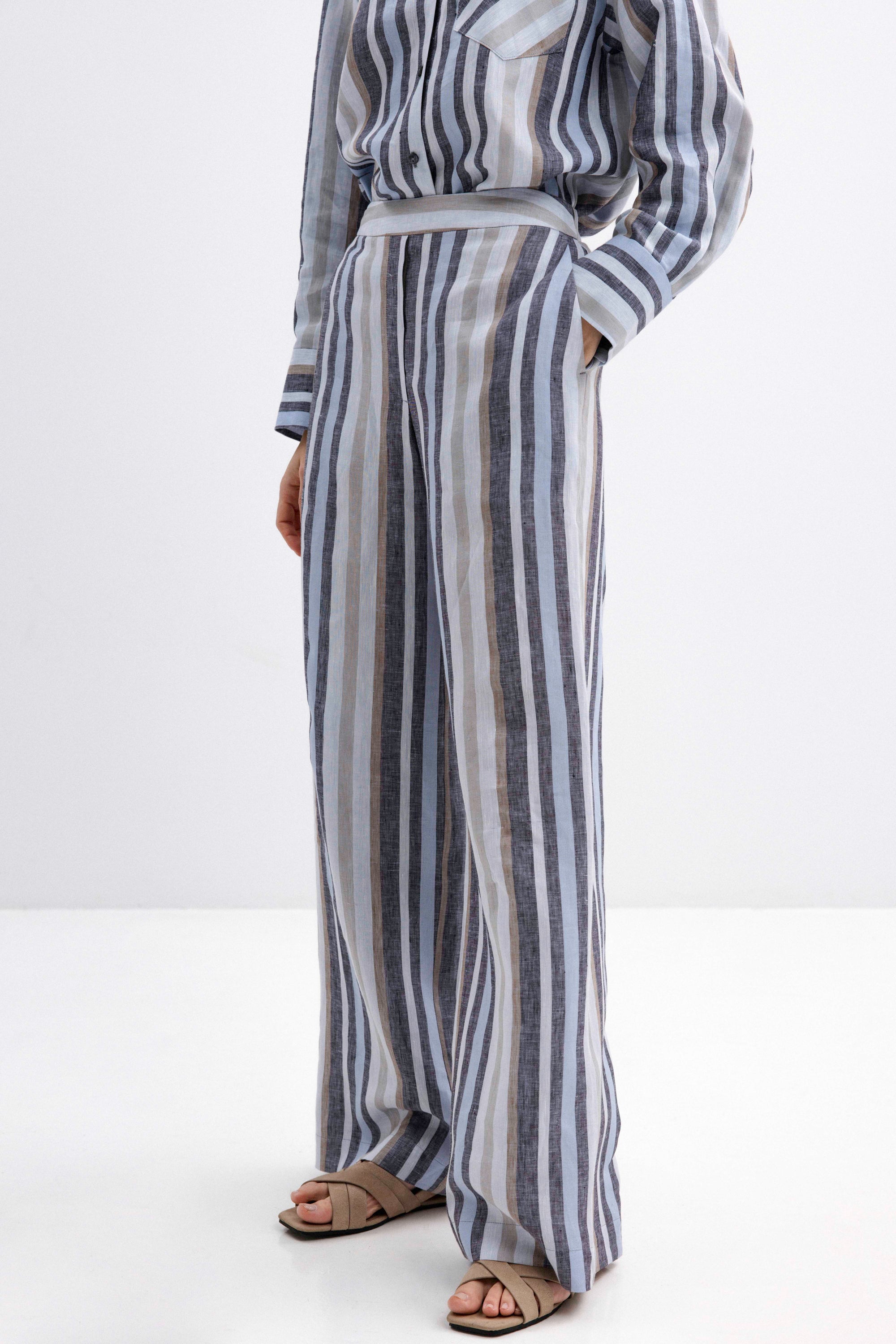 STRIPED WIDE-LEG LINEN TROUSERS