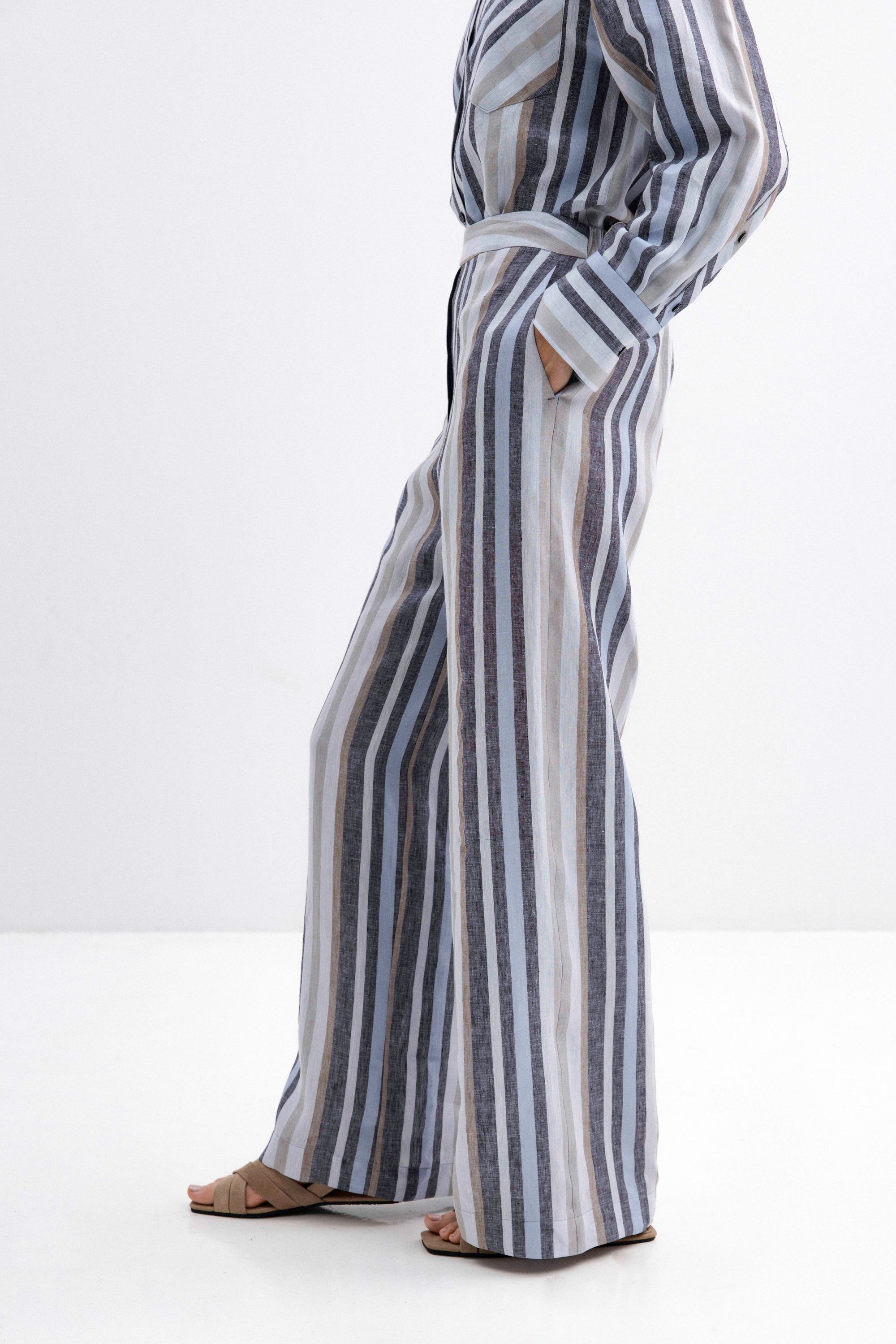 STRIPED WIDE-LEG LINEN TROUSERS