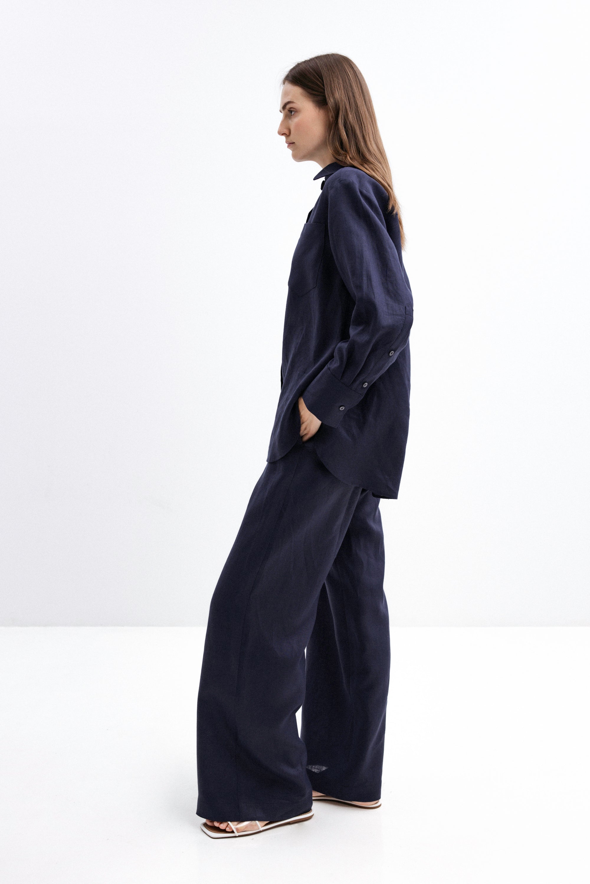 NAVY WIDE-LEG LINEN TROUSERS