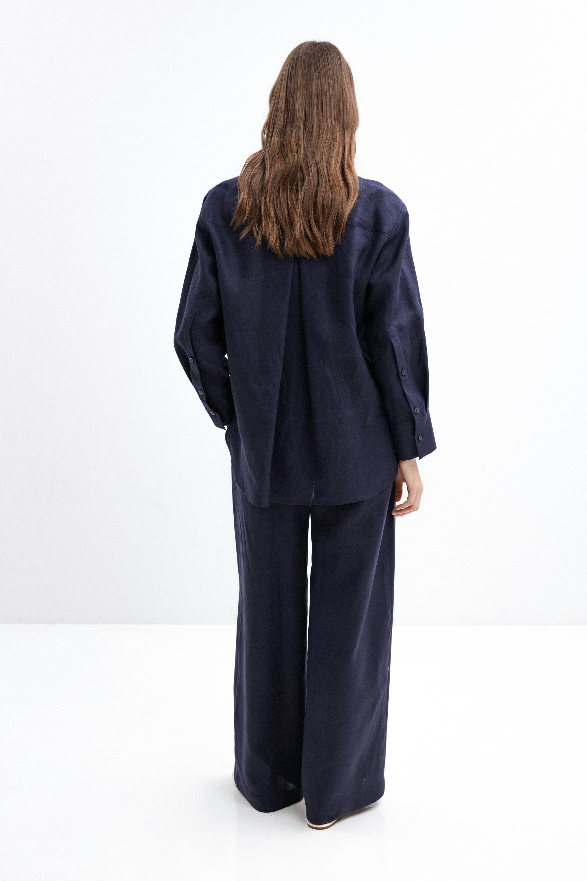 NAVY WIDE-LEG LINEN TROUSERS