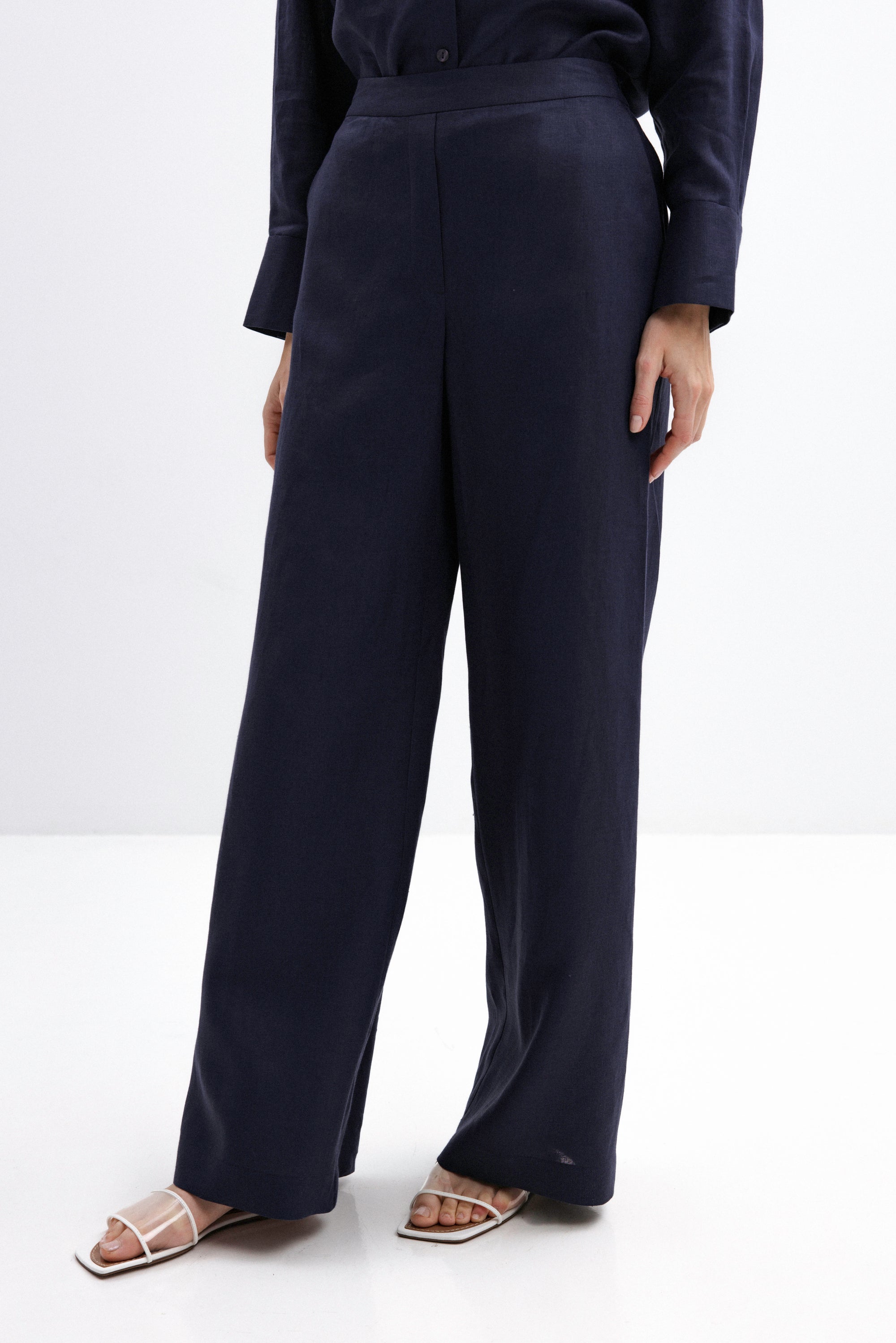 NAVY WIDE-LEG LINEN TROUSERS