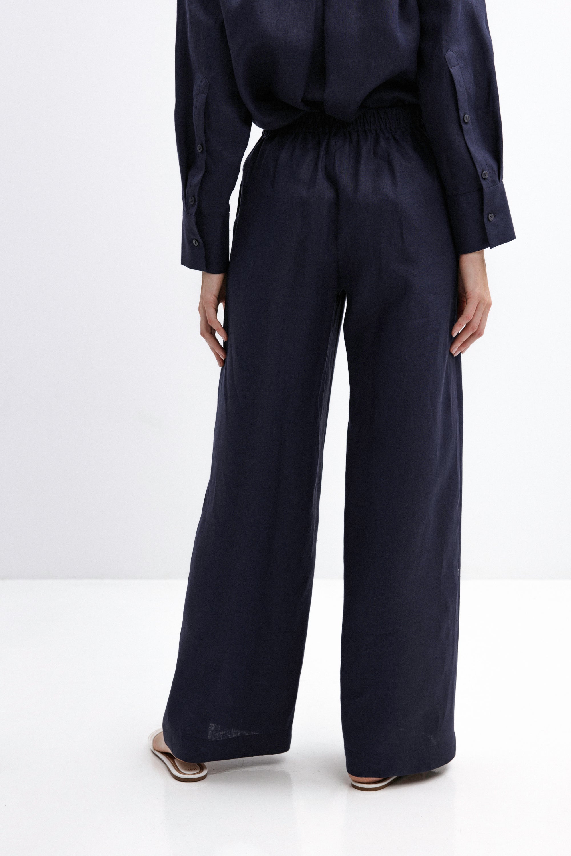 NAVY WIDE-LEG LINEN TROUSERS