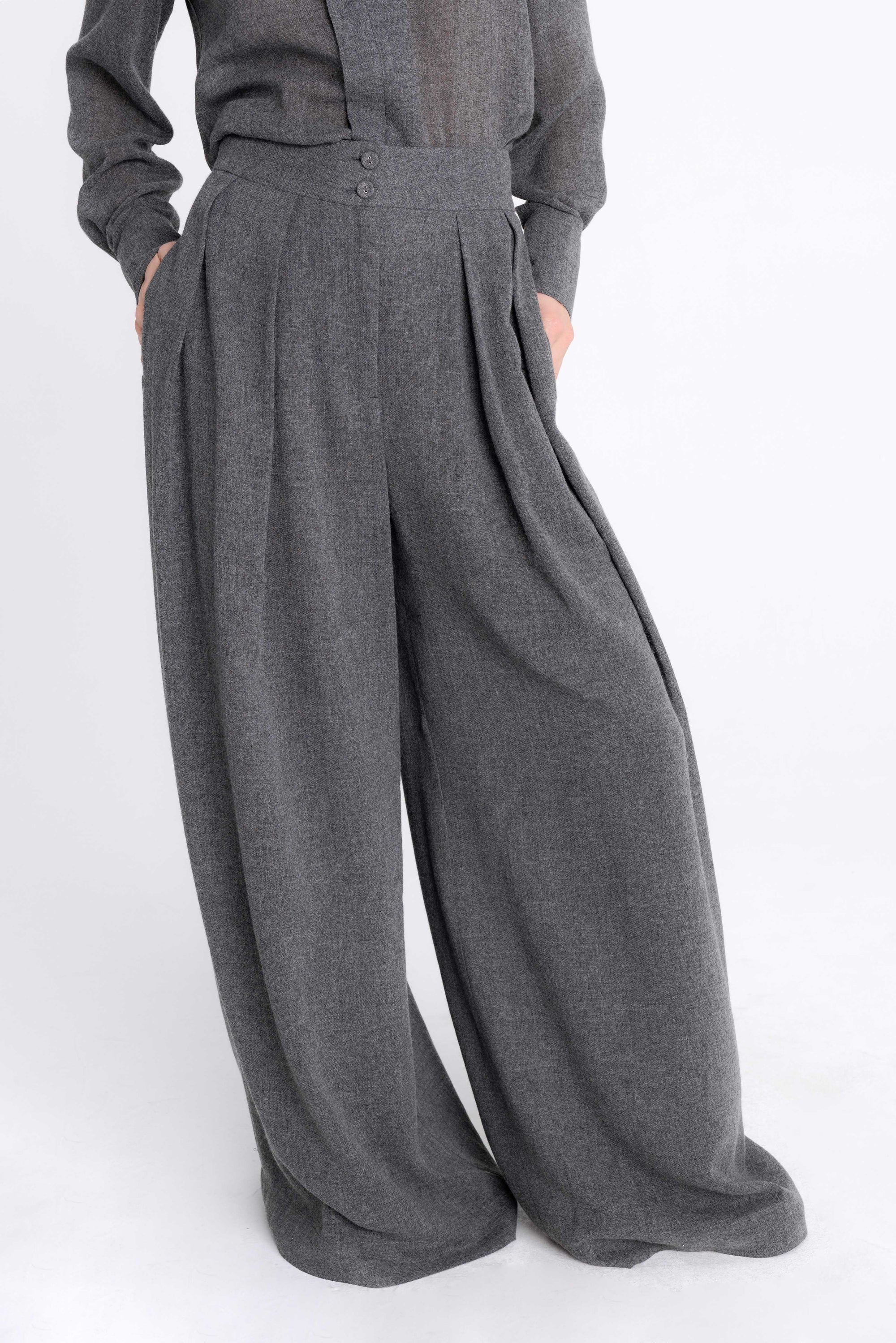 WIDE-LEG GREY TROUSERS WITH WOOL