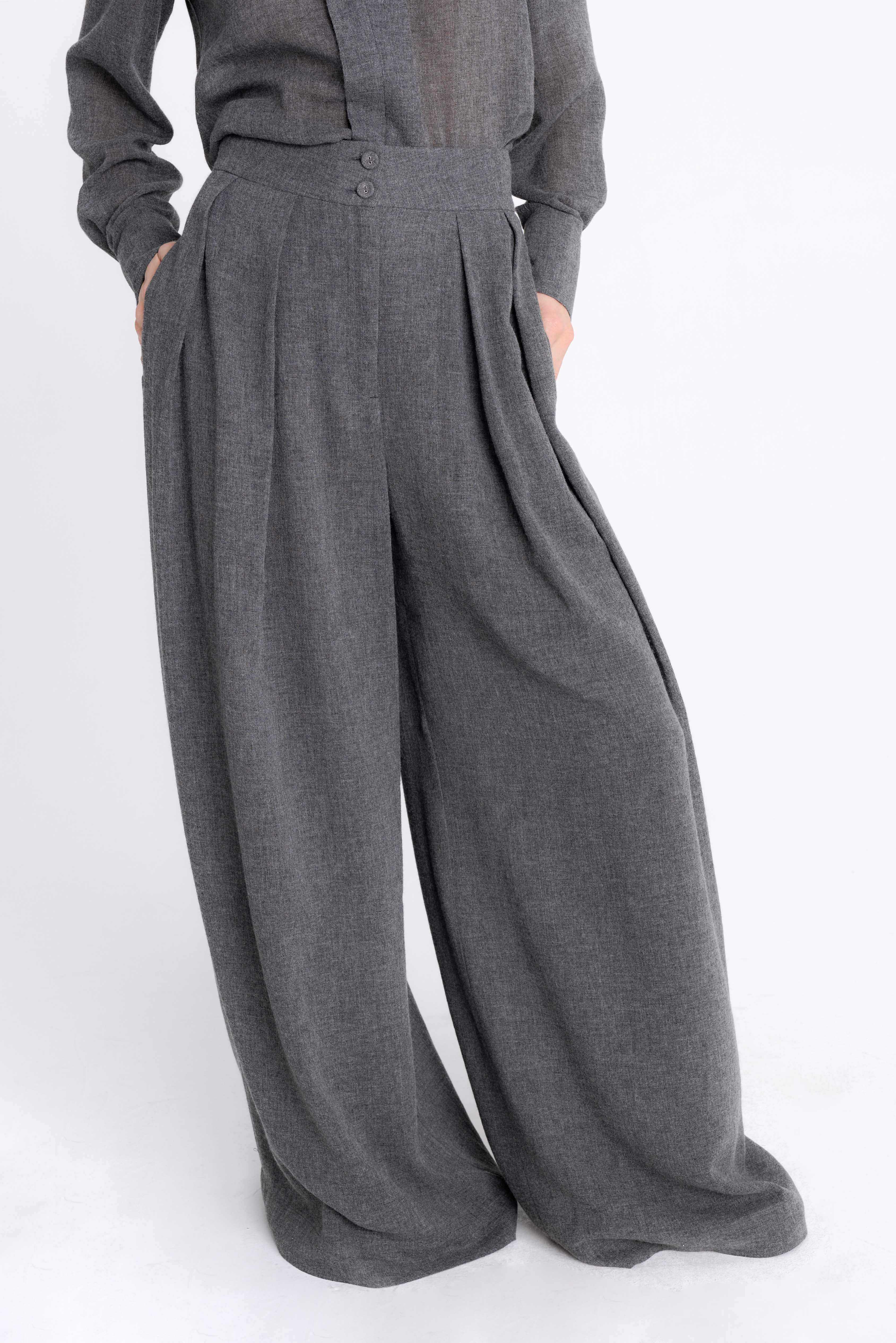 WIDE-LEG GREY TROUSERS WITH WOOL