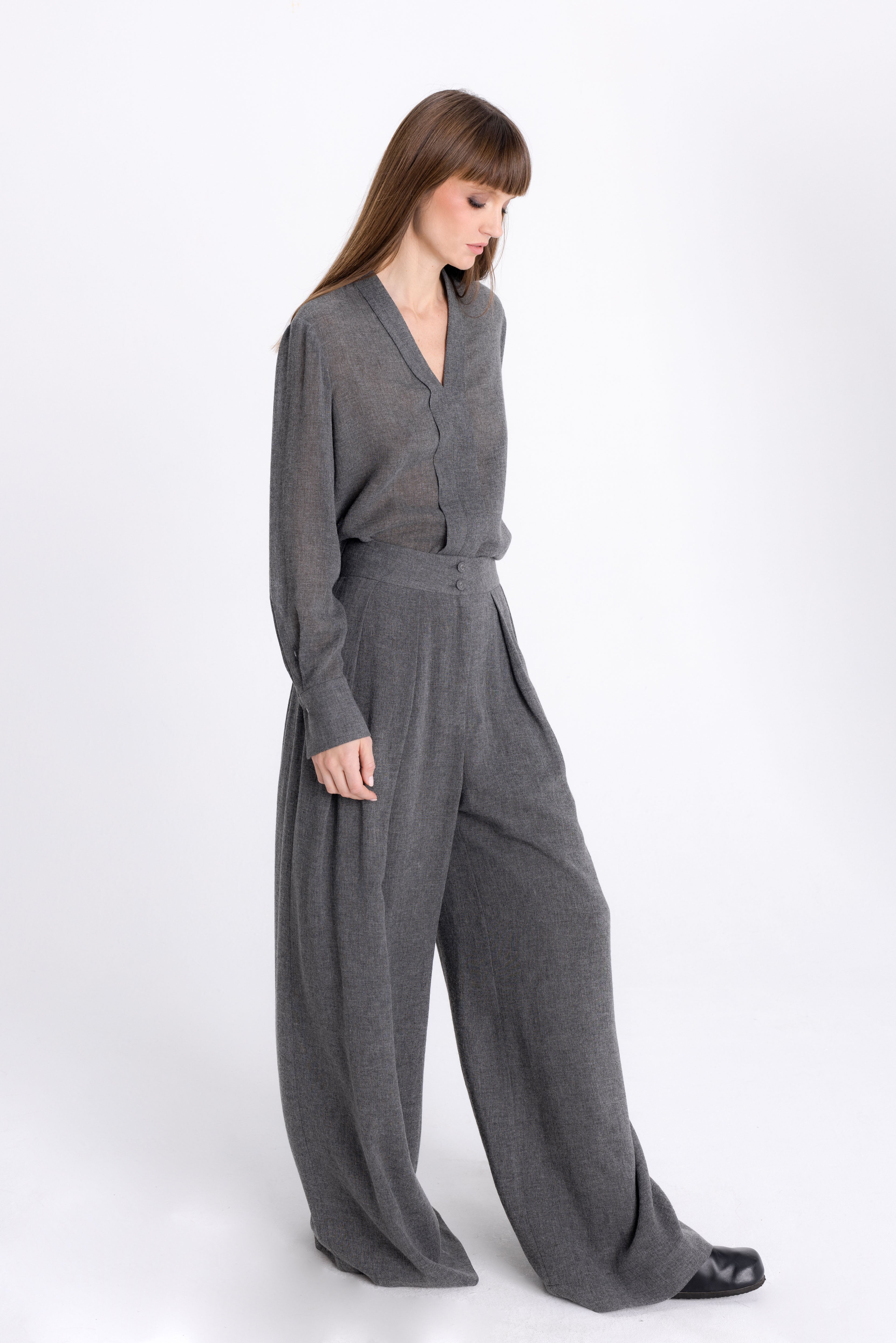 WIDE-LEG GREY TROUSERS WITH WOOL
