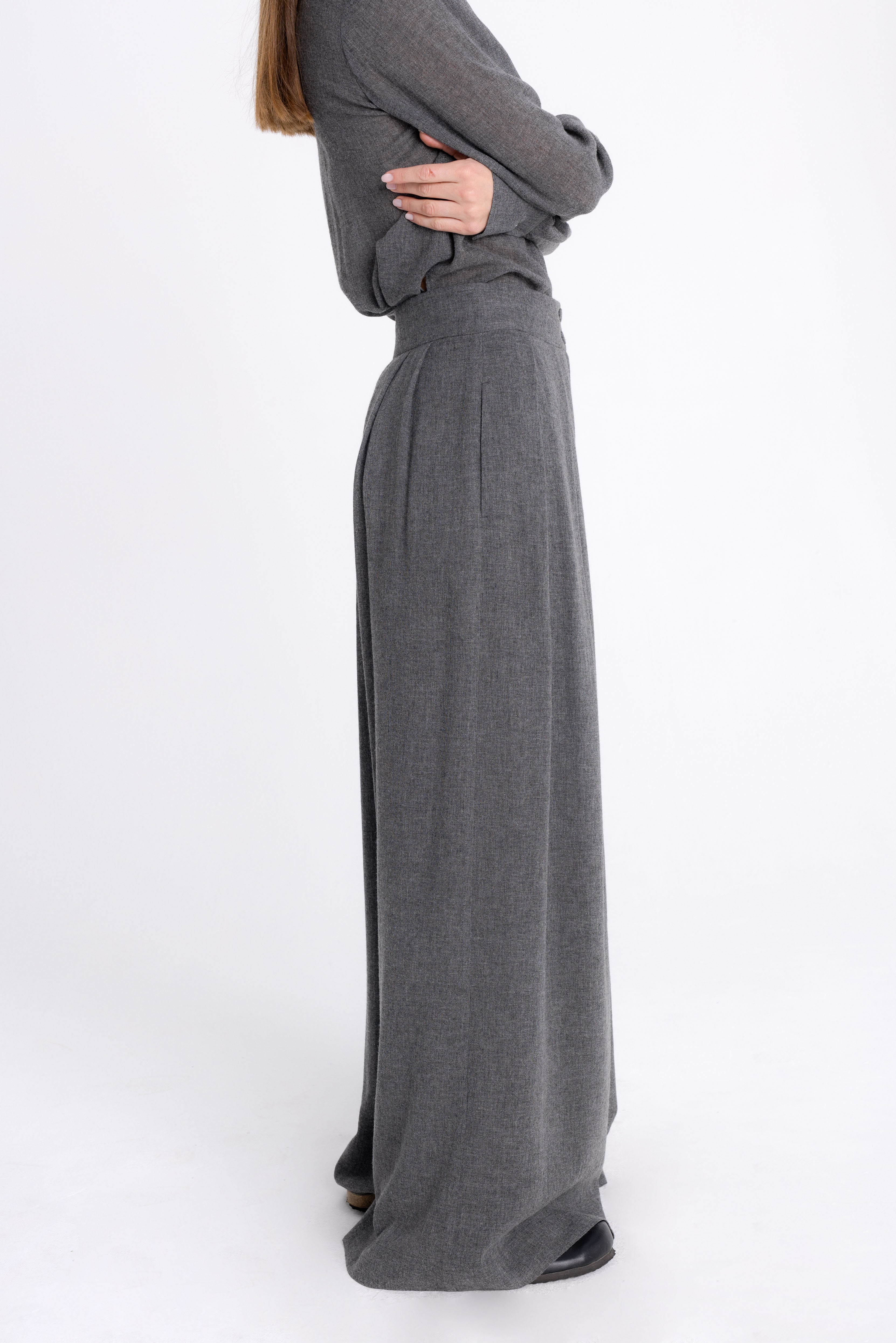 WIDE-LEG GREY TROUSERS WITH WOOL