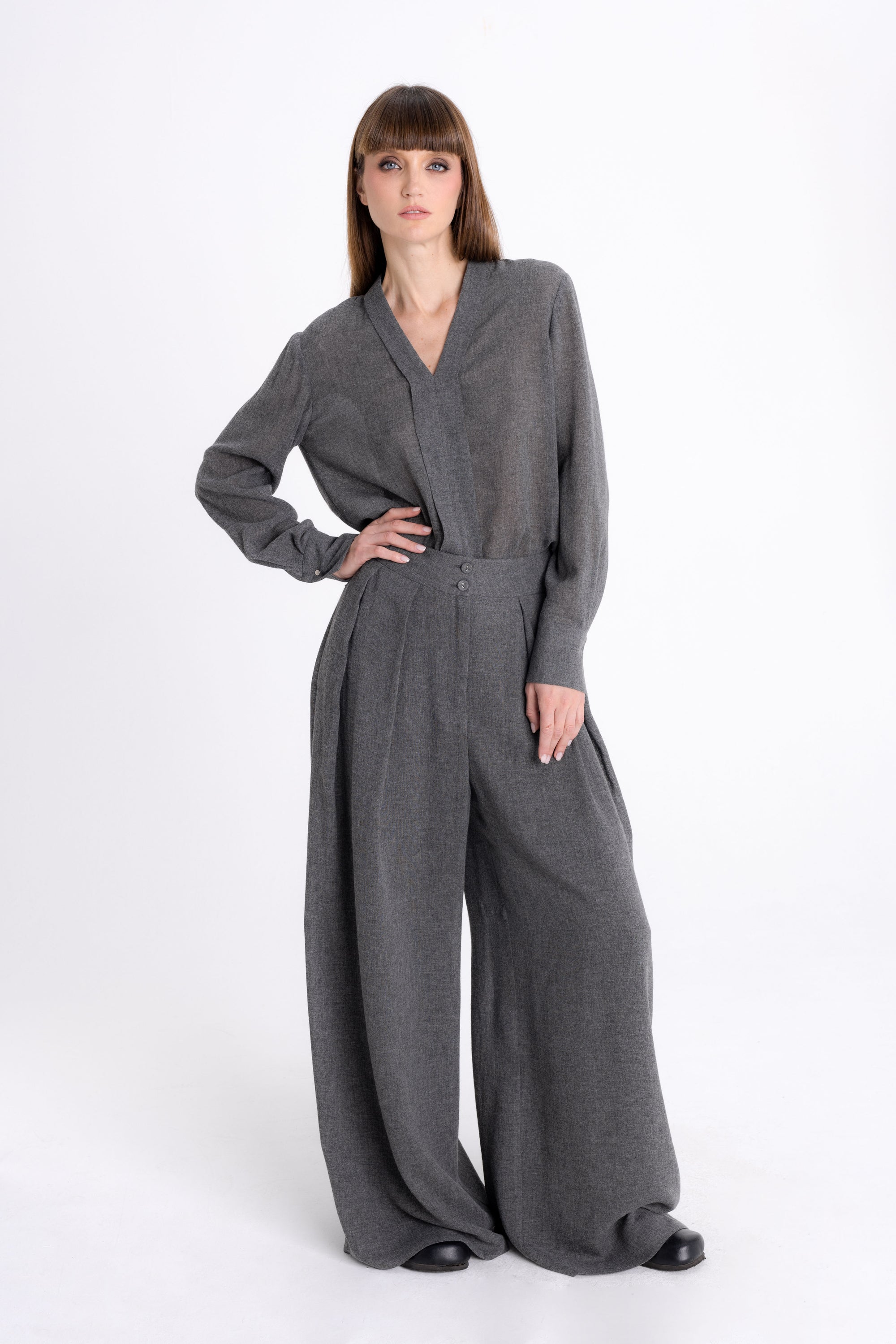 WIDE-LEG GREY TROUSERS WITH WOOL