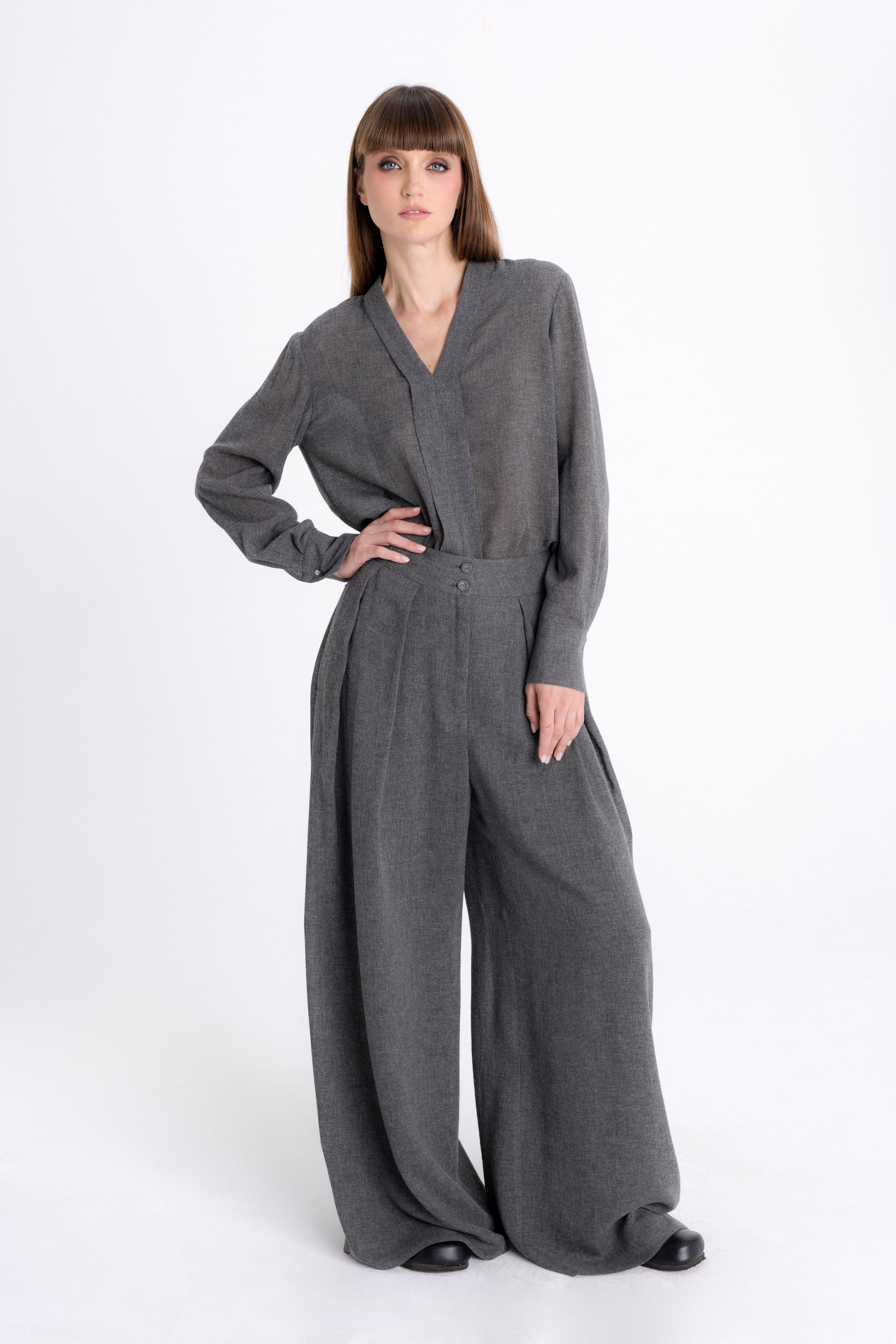 WIDE-LEG GREY TROUSERS WITH WOOL