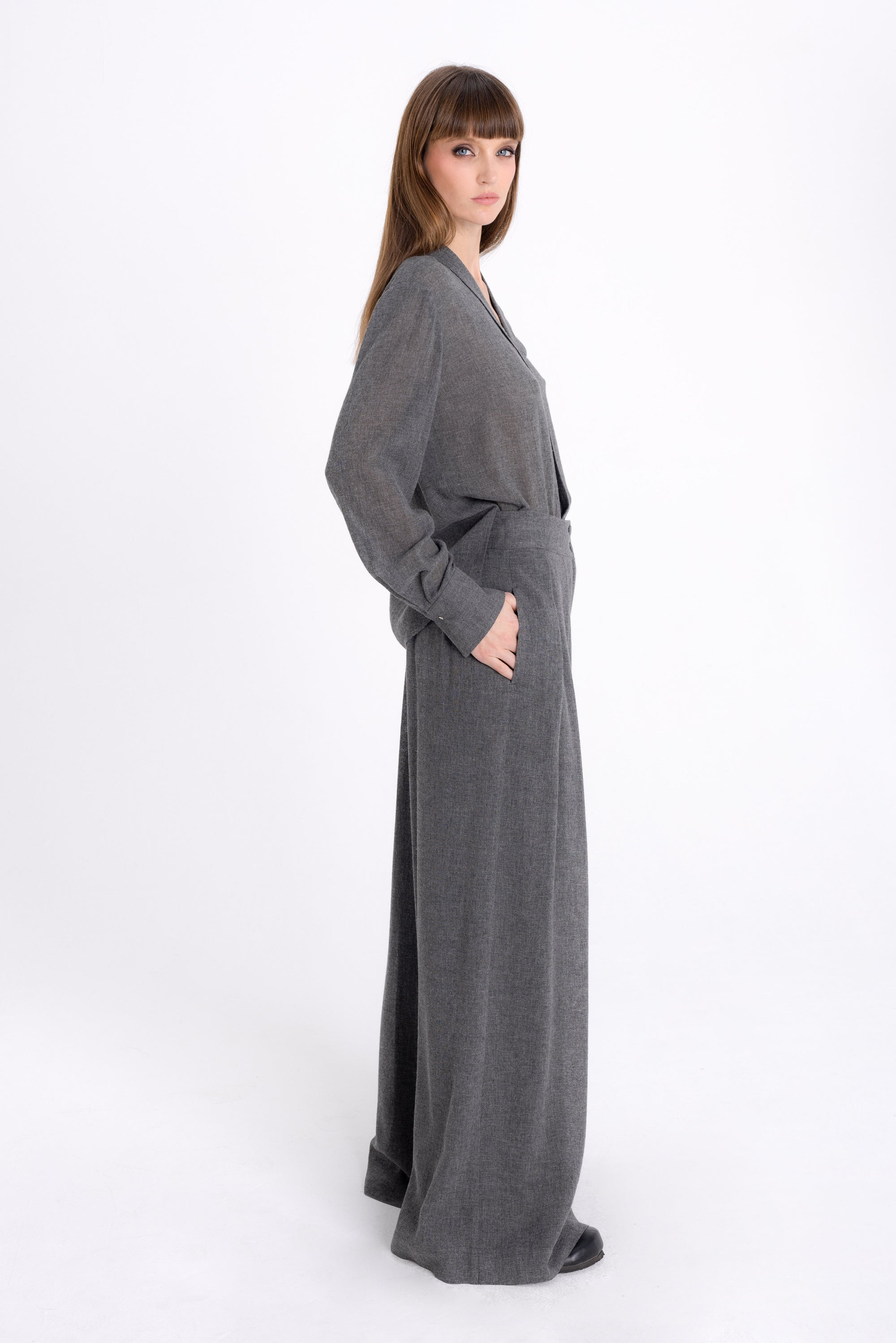 WIDE-LEG GREY TROUSERS WITH WOOL