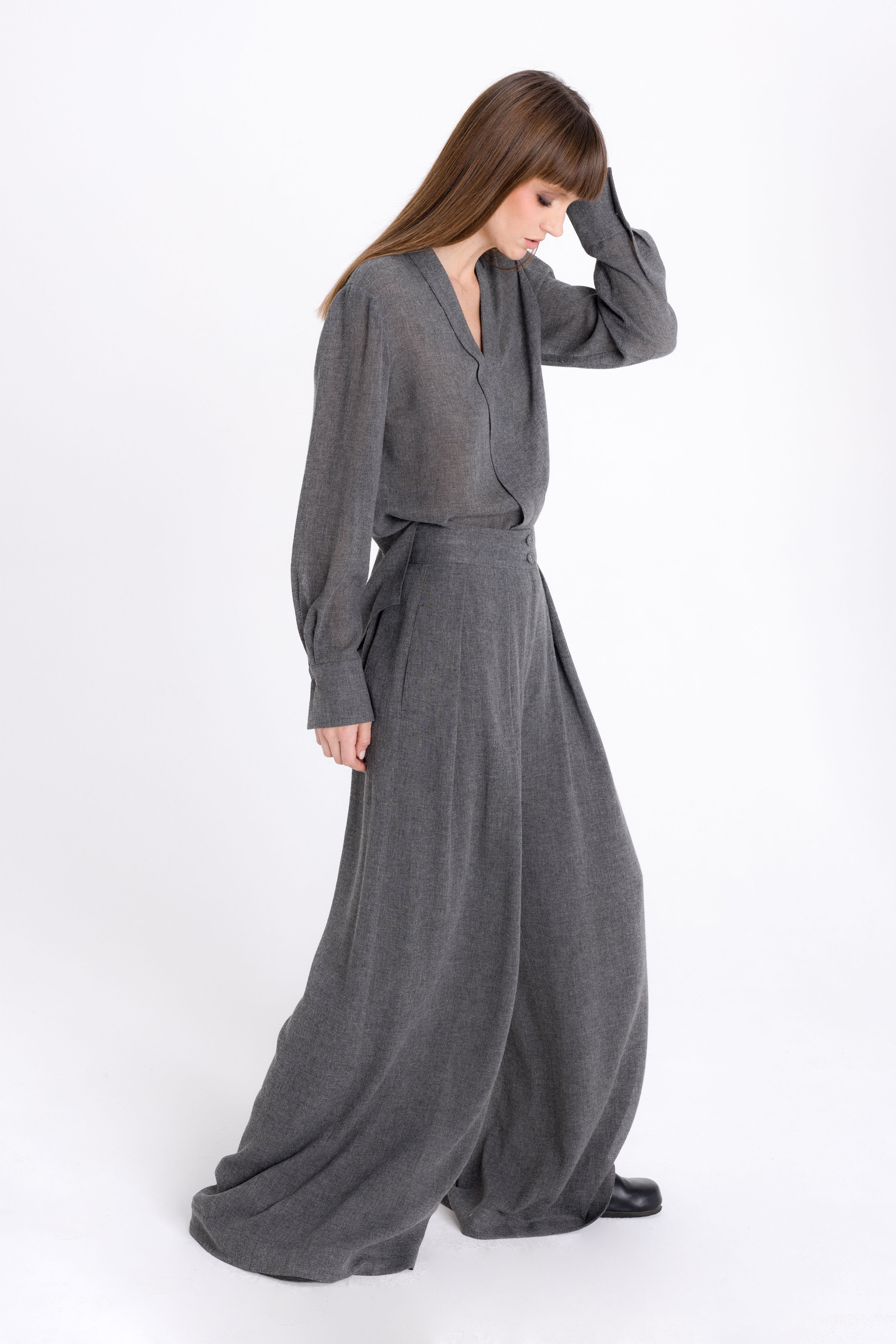 WIDE-LEG GREY TROUSERS WITH WOOL