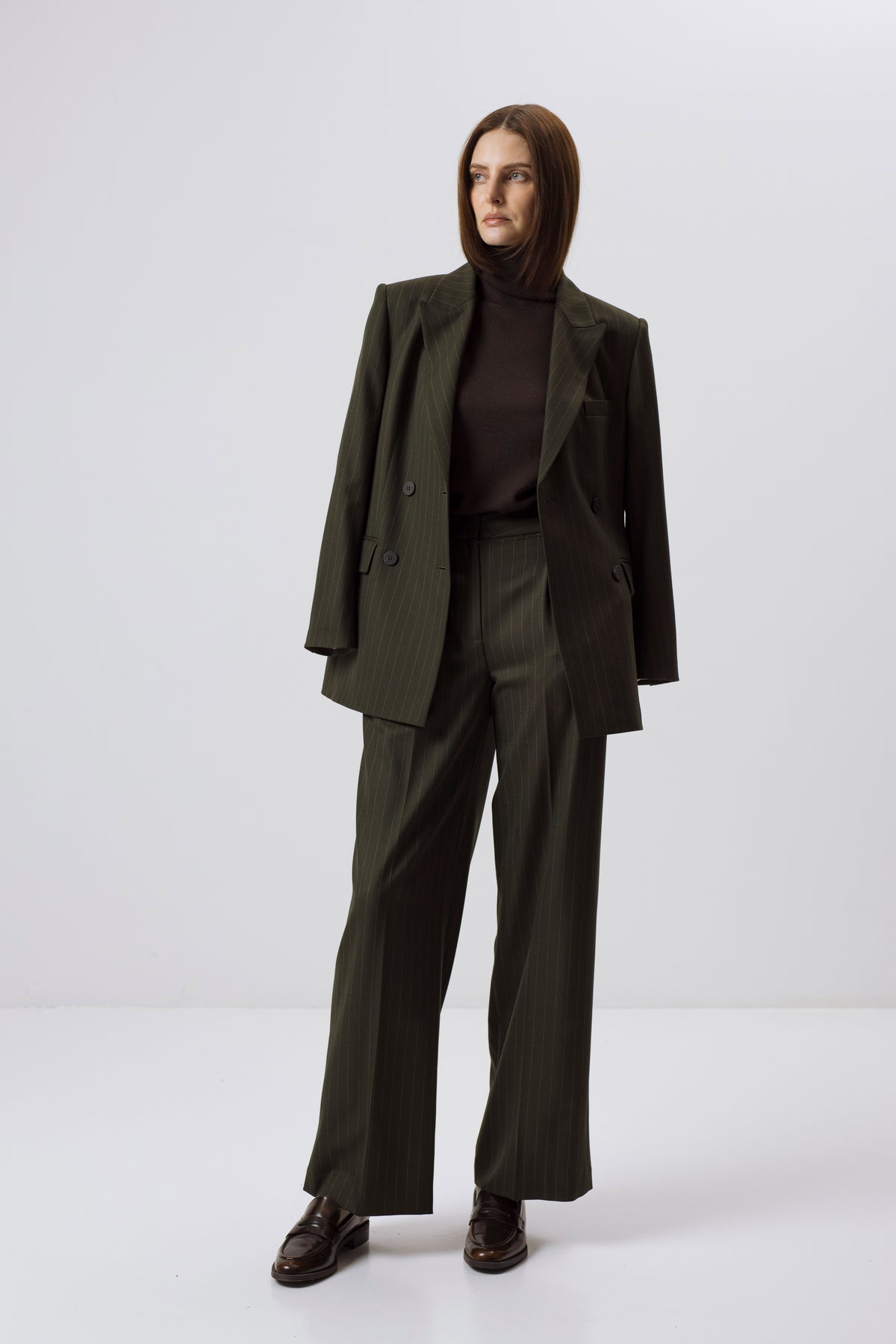 FOREST GREEN PINSTRIPE STRAIGHT-LEG TROUSERS
