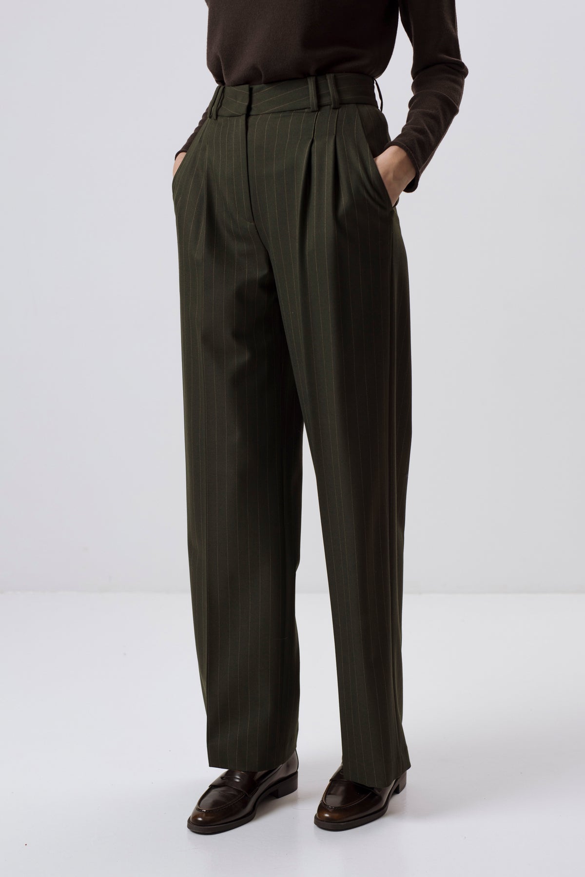 FOREST GREEN PINSTRIPE STRAIGHT-LEG TROUSERS