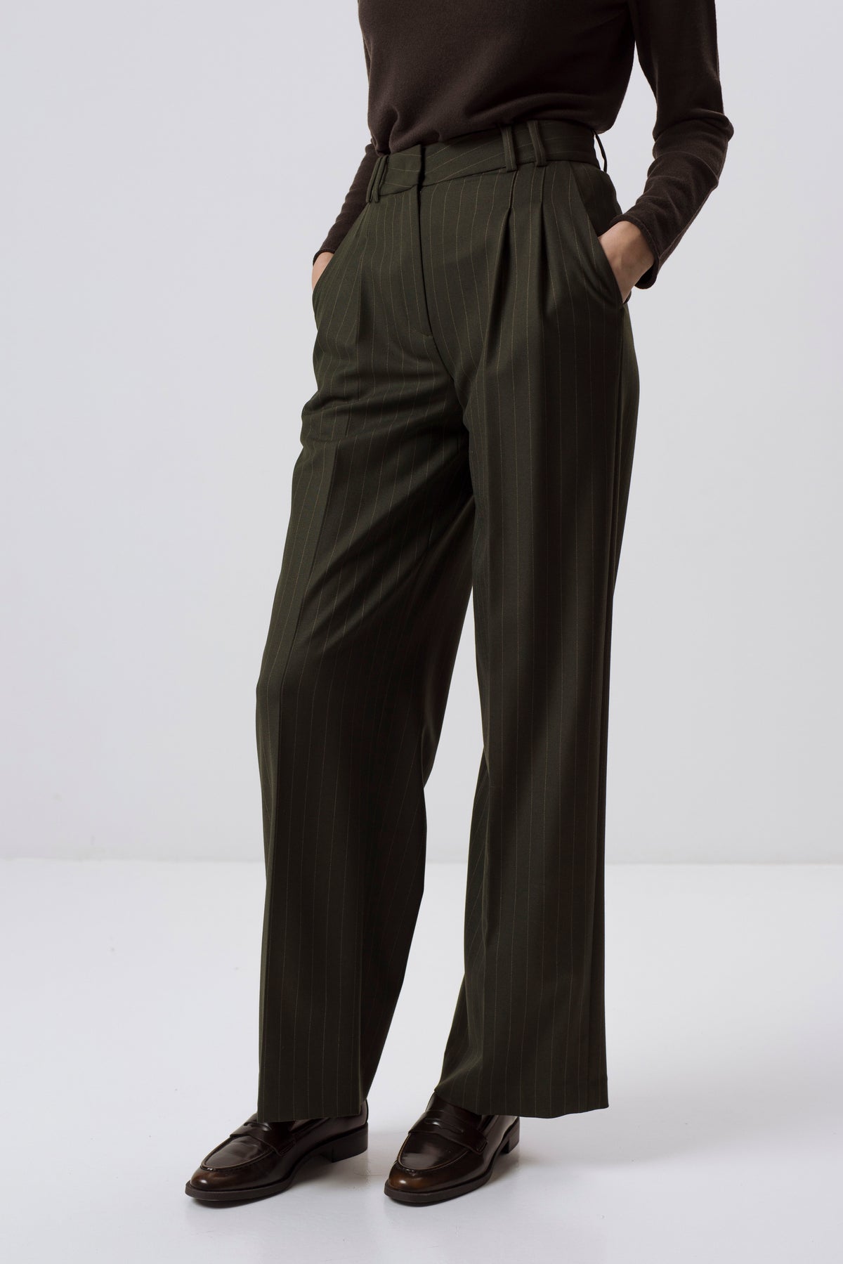 FOREST GREEN PINSTRIPE STRAIGHT-LEG TROUSERS