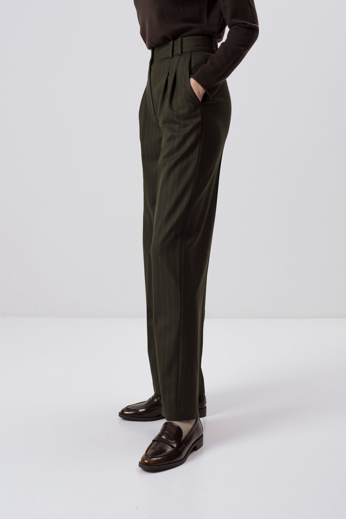 FOREST GREEN PINSTRIPE STRAIGHT-LEG TROUSERS