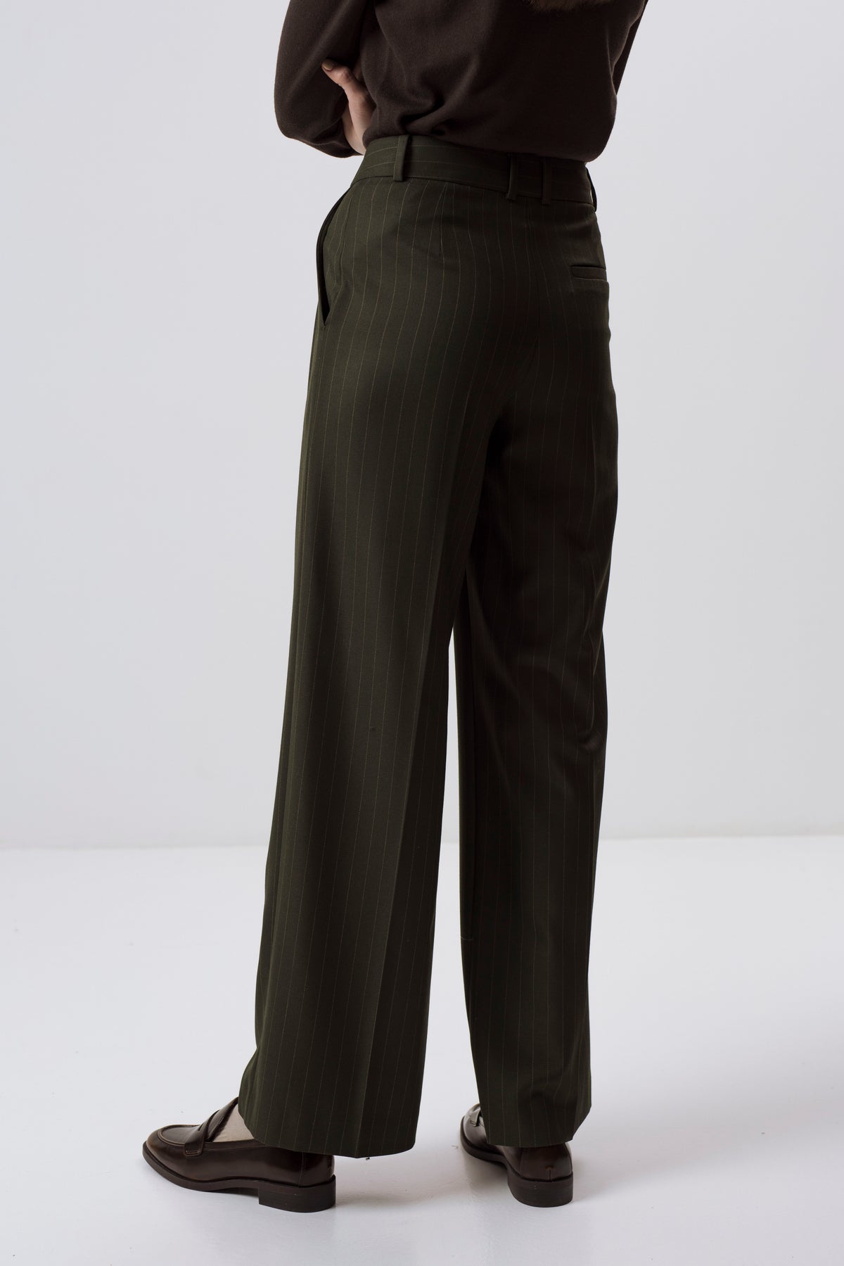 FOREST GREEN PINSTRIPE STRAIGHT-LEG TROUSERS