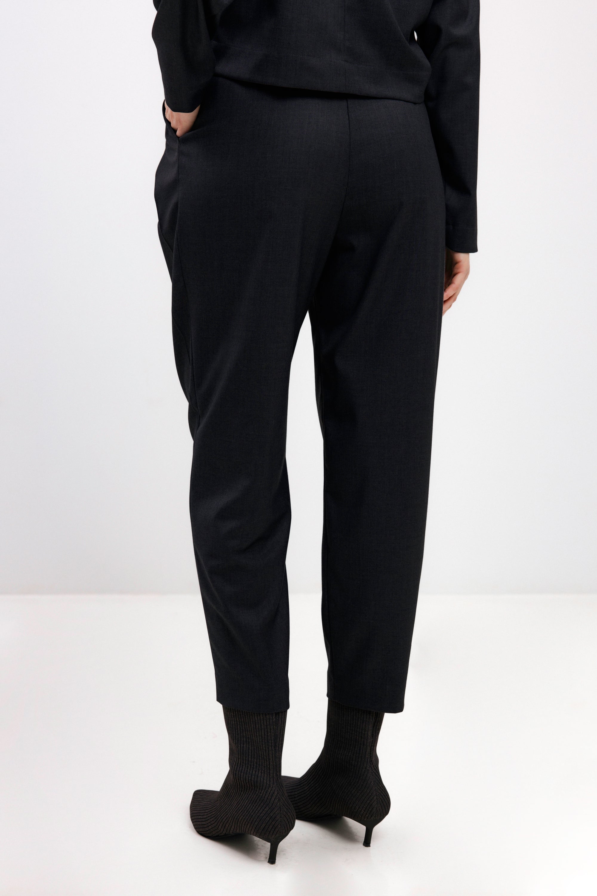 BLACK NAVY TAPERED DOUBLE-PLEAT TROUSERS