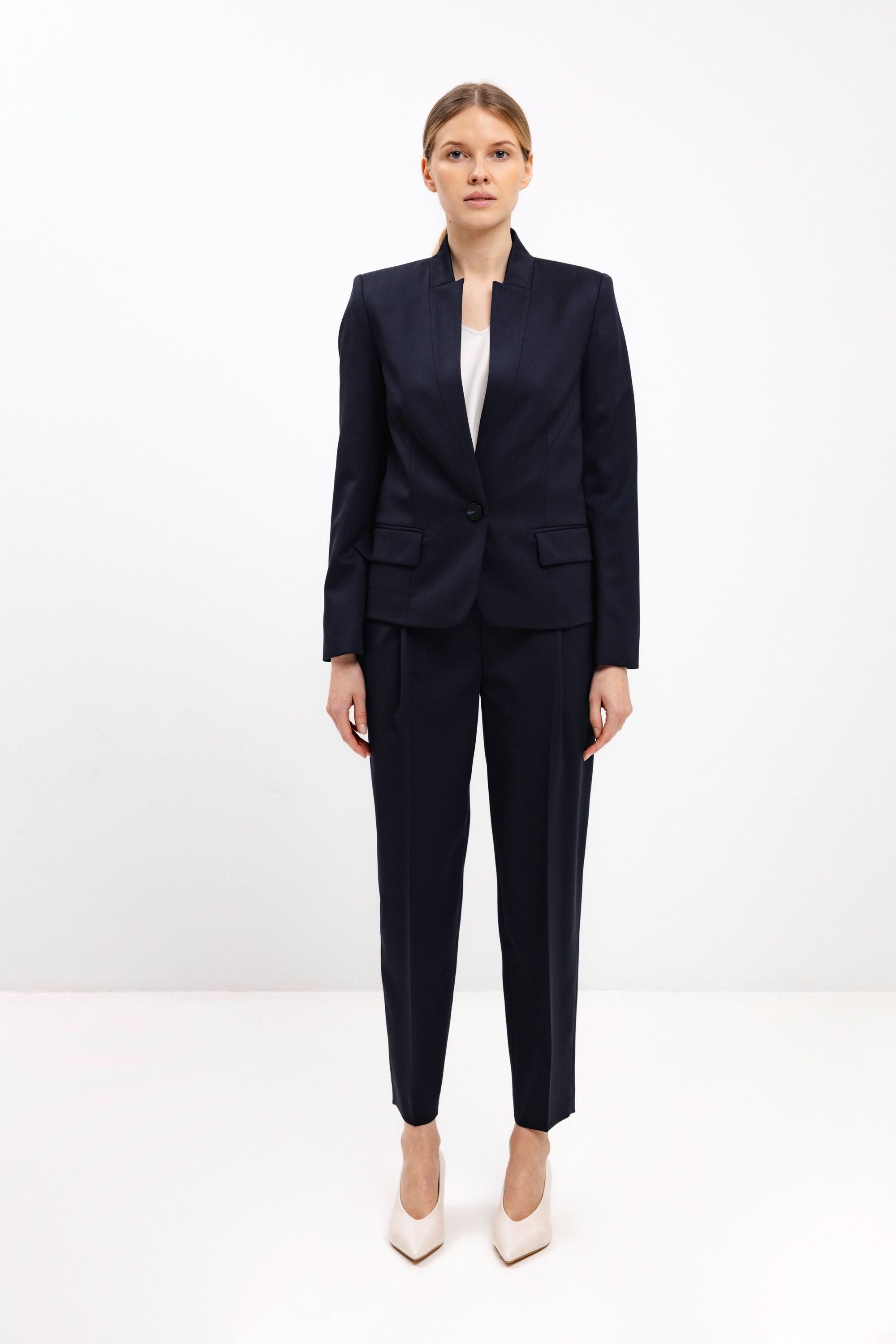 TAPERED NAVY TROUSERS WITH FRONT PLEATS