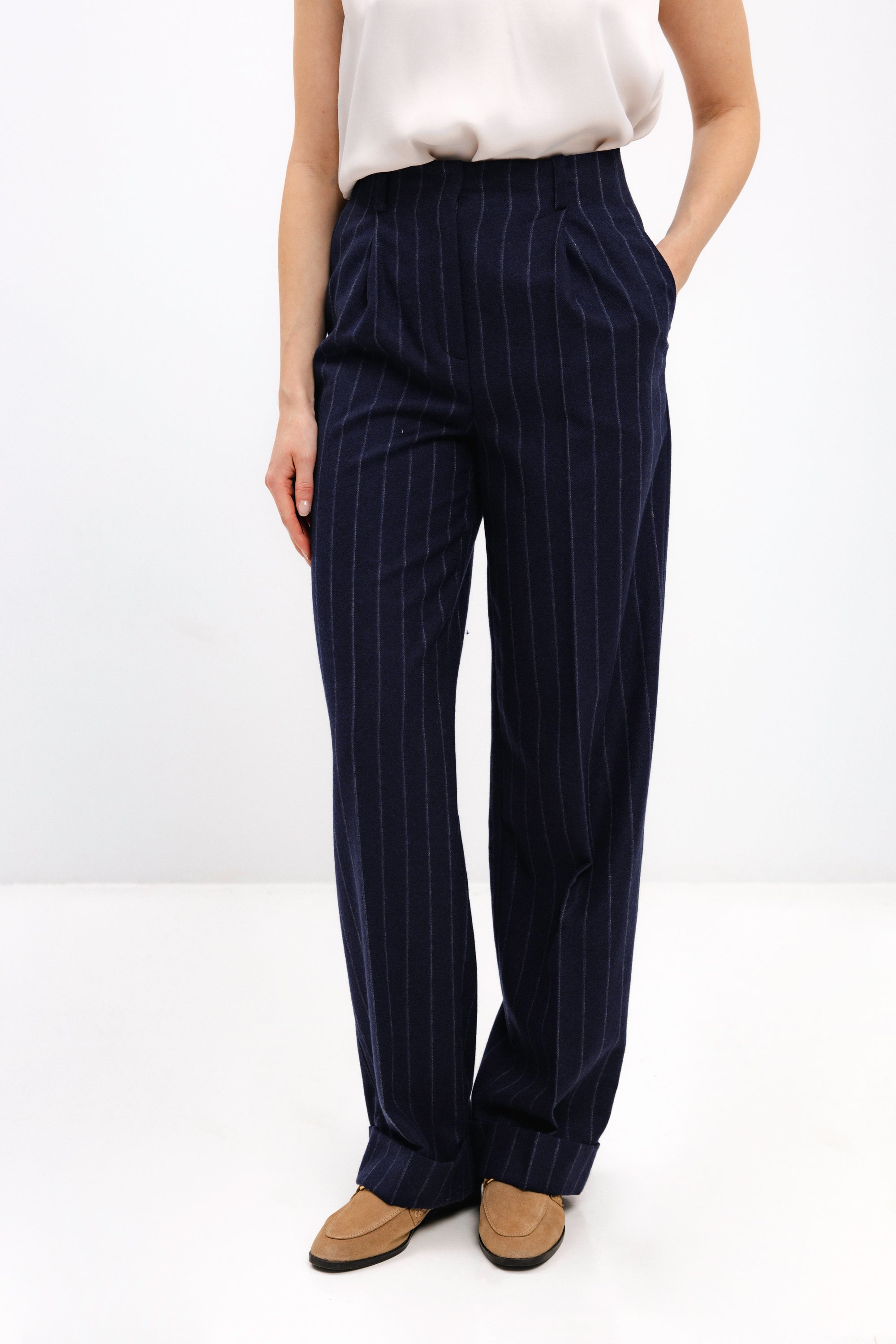 NAVY WOOL PINSTRIPE TROUSERS