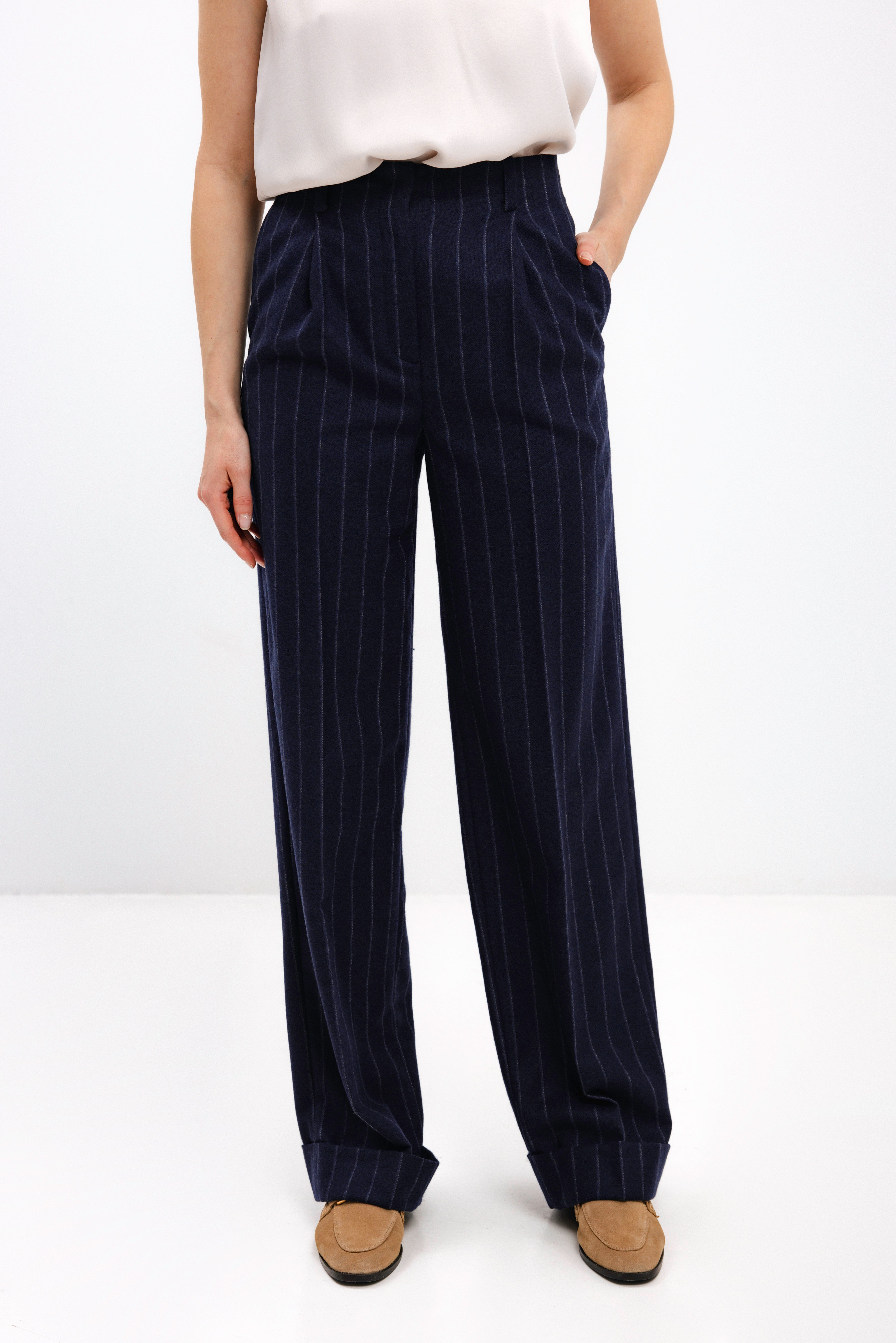 NAVY WOOL PINSTRIPE TROUSERS