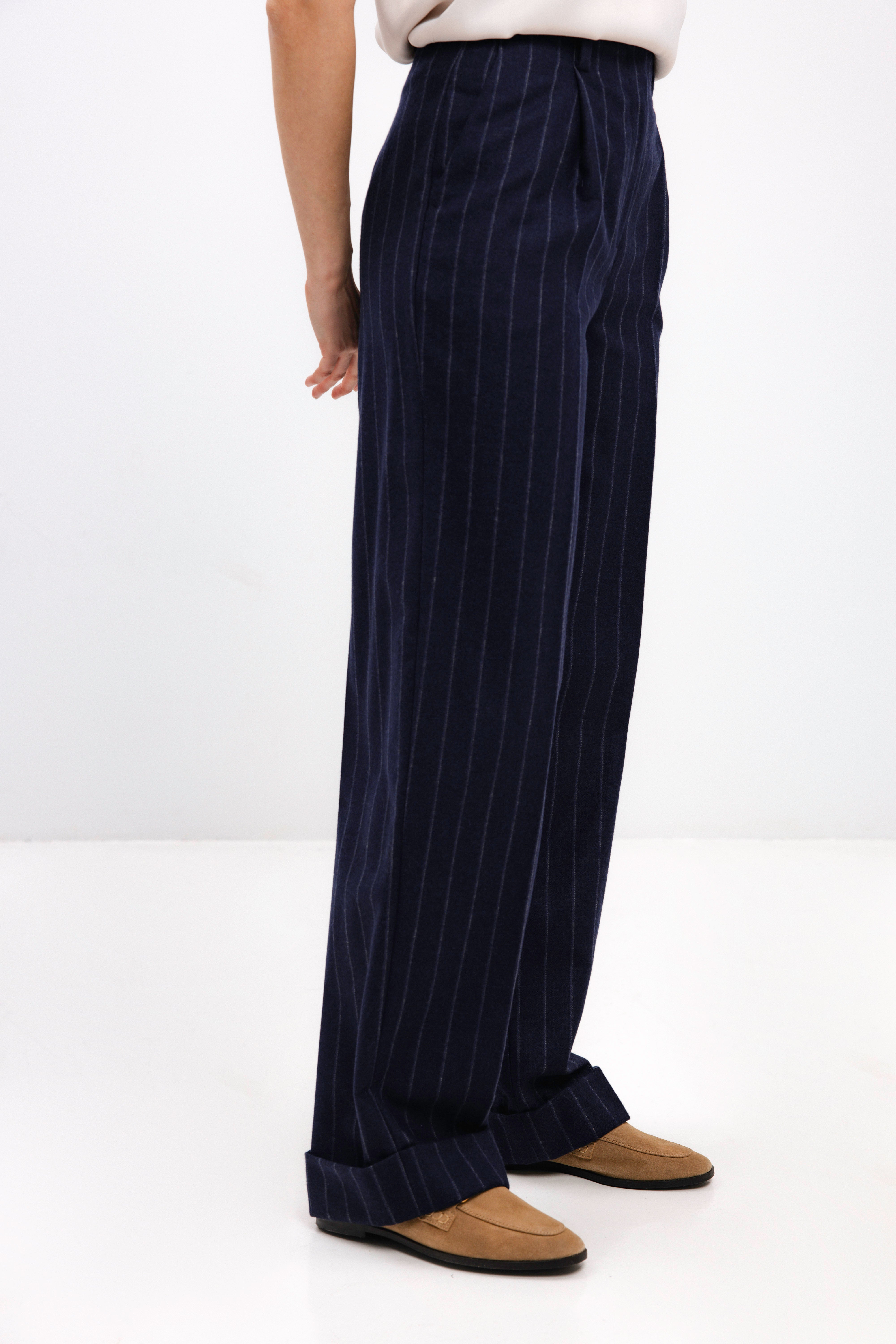 NAVY WOOL PINSTRIPE TROUSERS