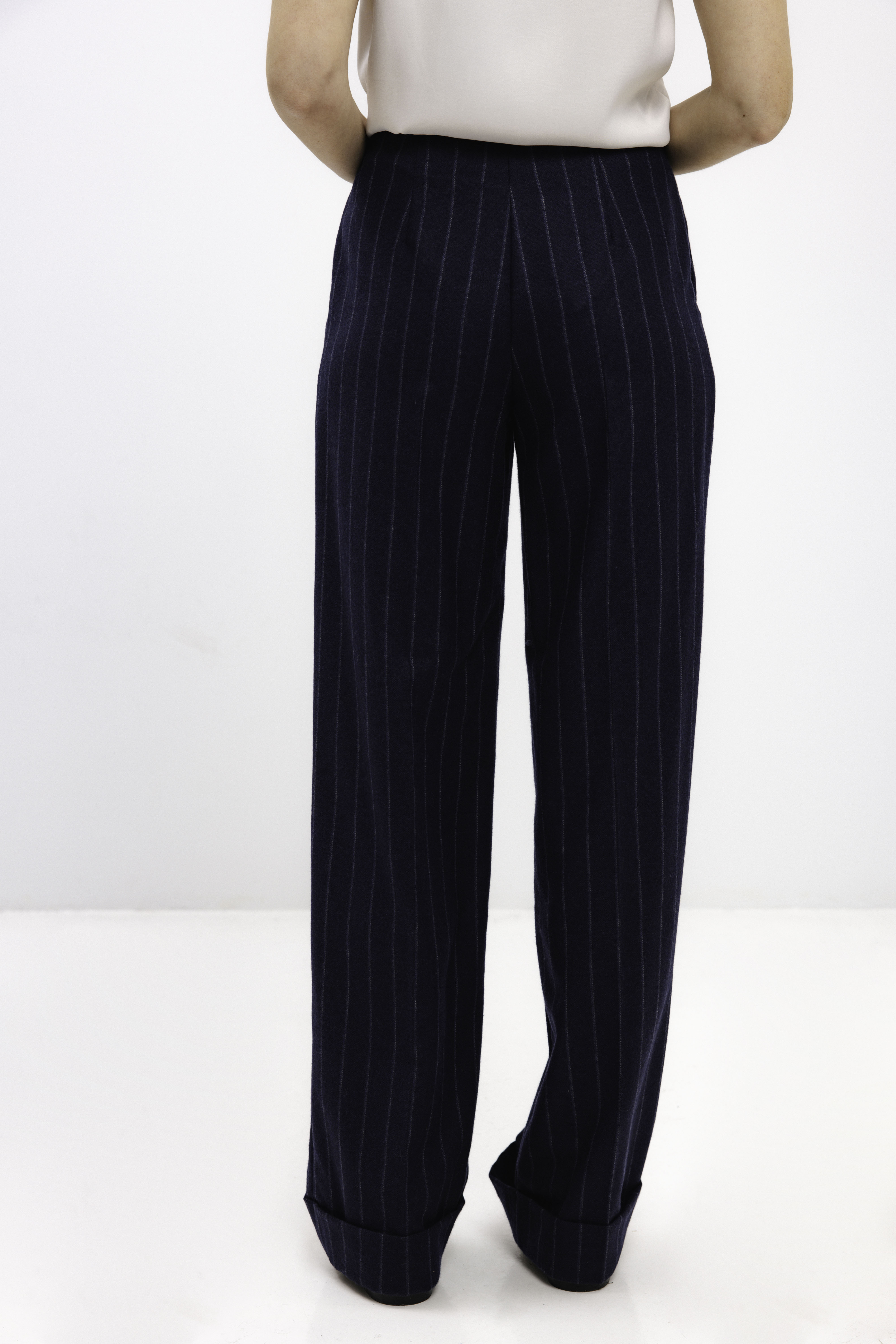 NAVY WOOL PINSTRIPE TROUSERS