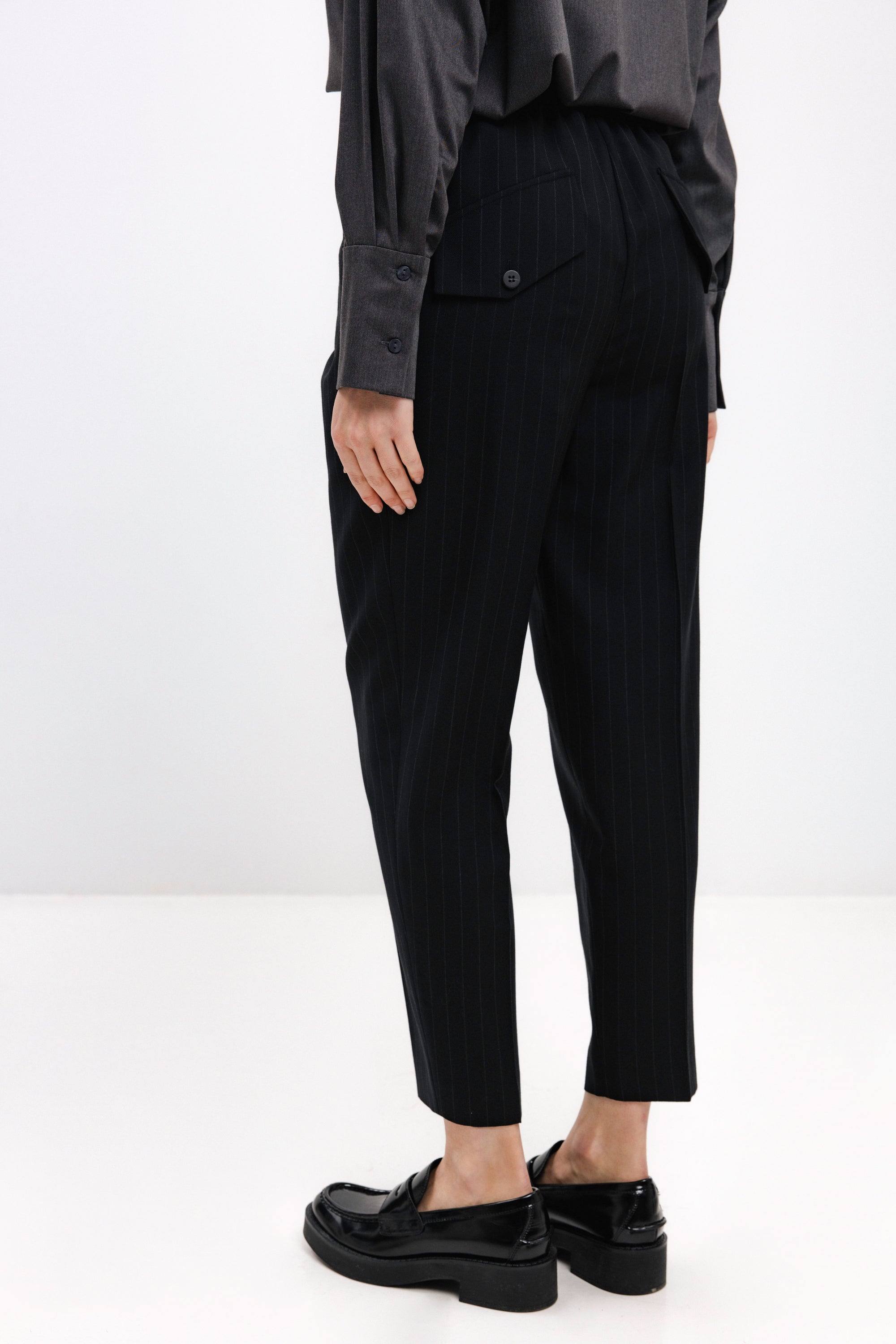 BLACK WOOL PINSTRIPE JOGGER TROUSERS