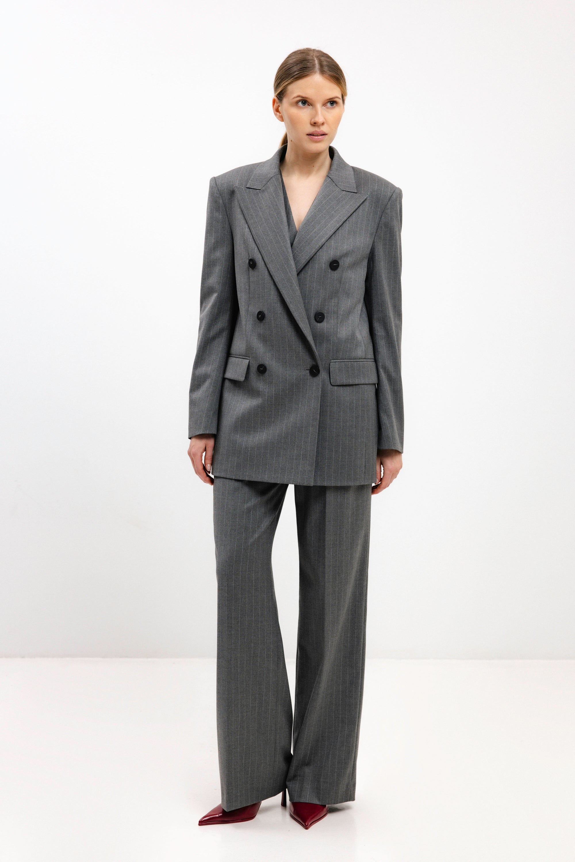 GREY STRIPED STRAIGHT-CUT TROUSERS