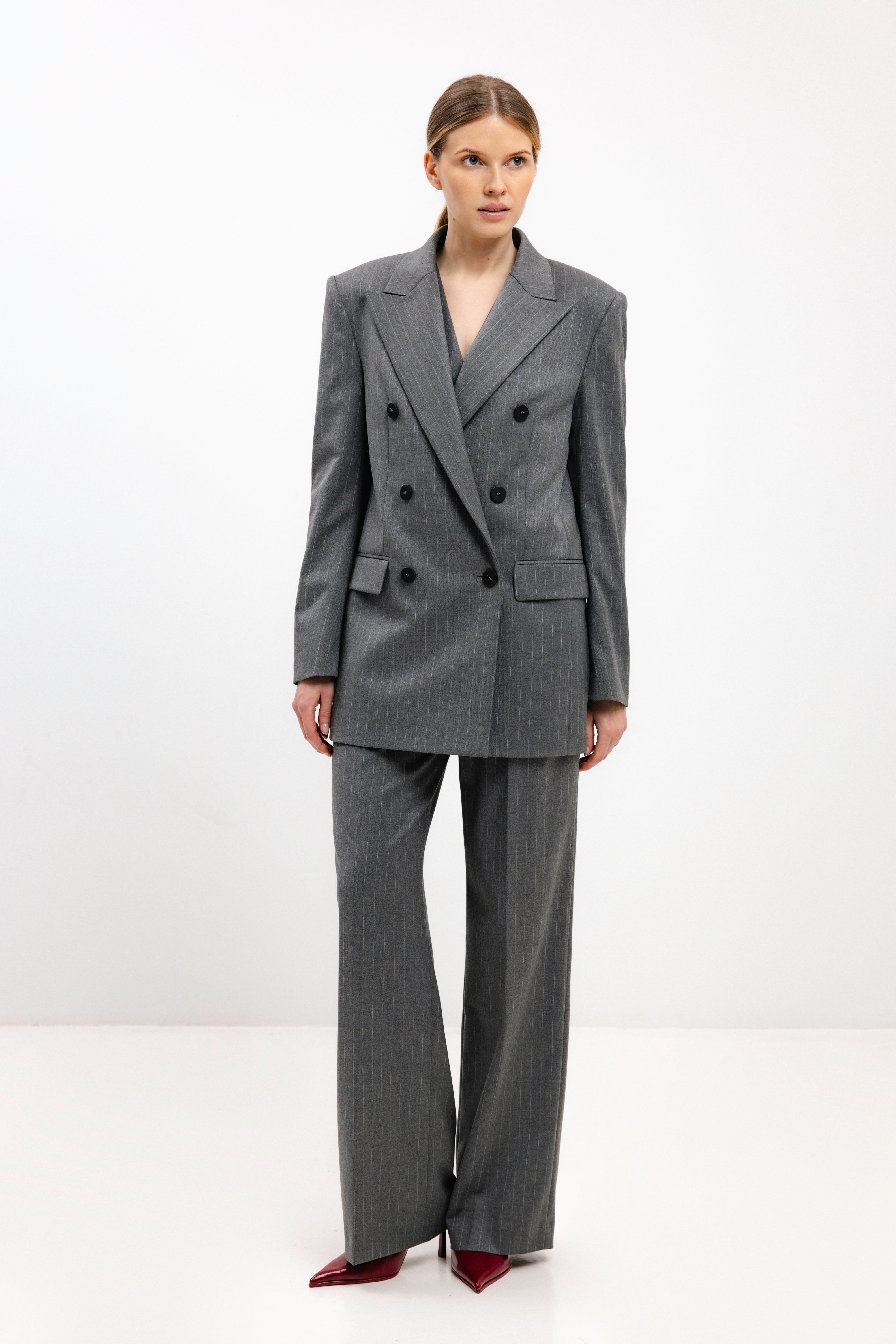 GREY STRIPED STRAIGHT-CUT TROUSERS