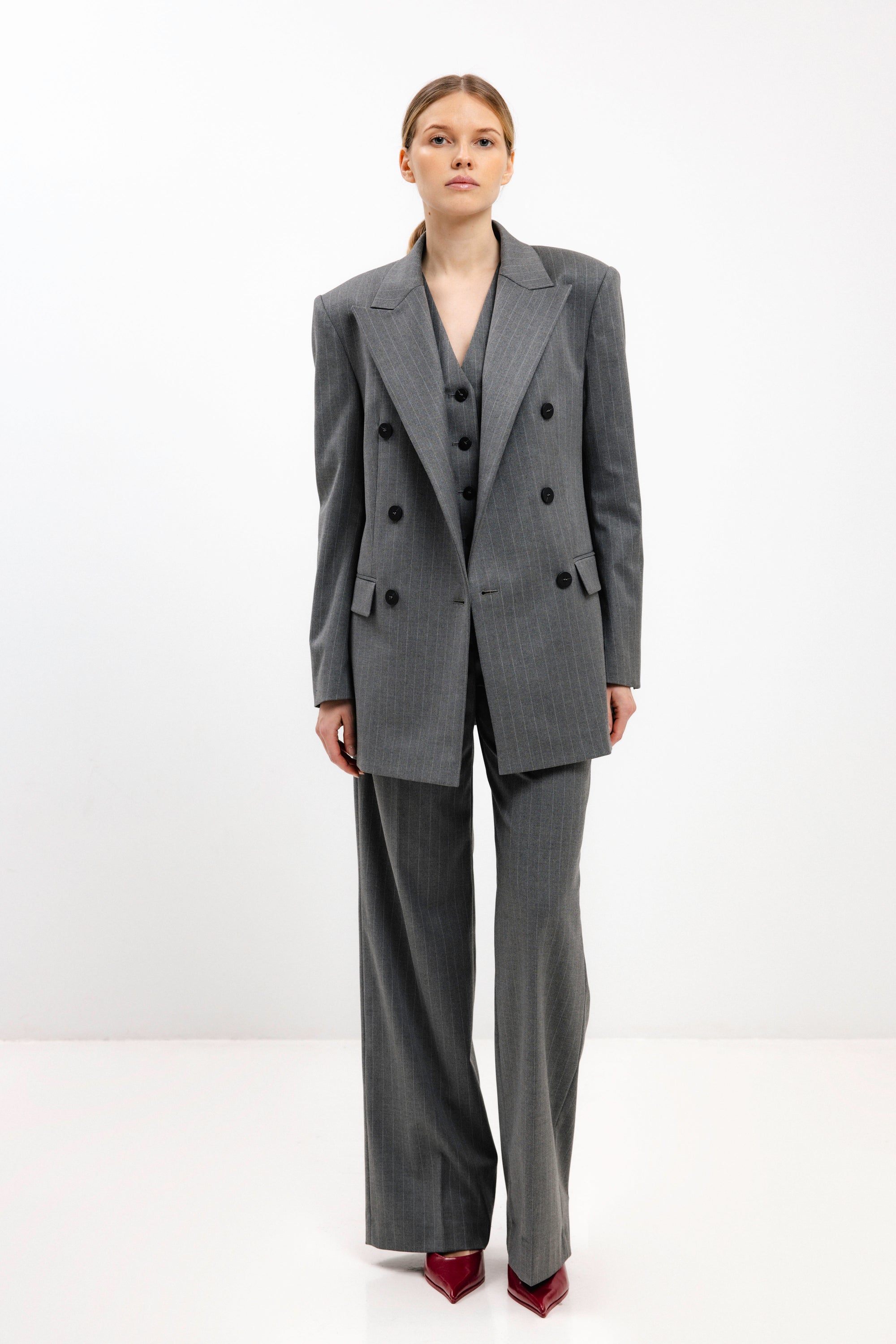 GREY STRIPED STRAIGHT-CUT TROUSERS