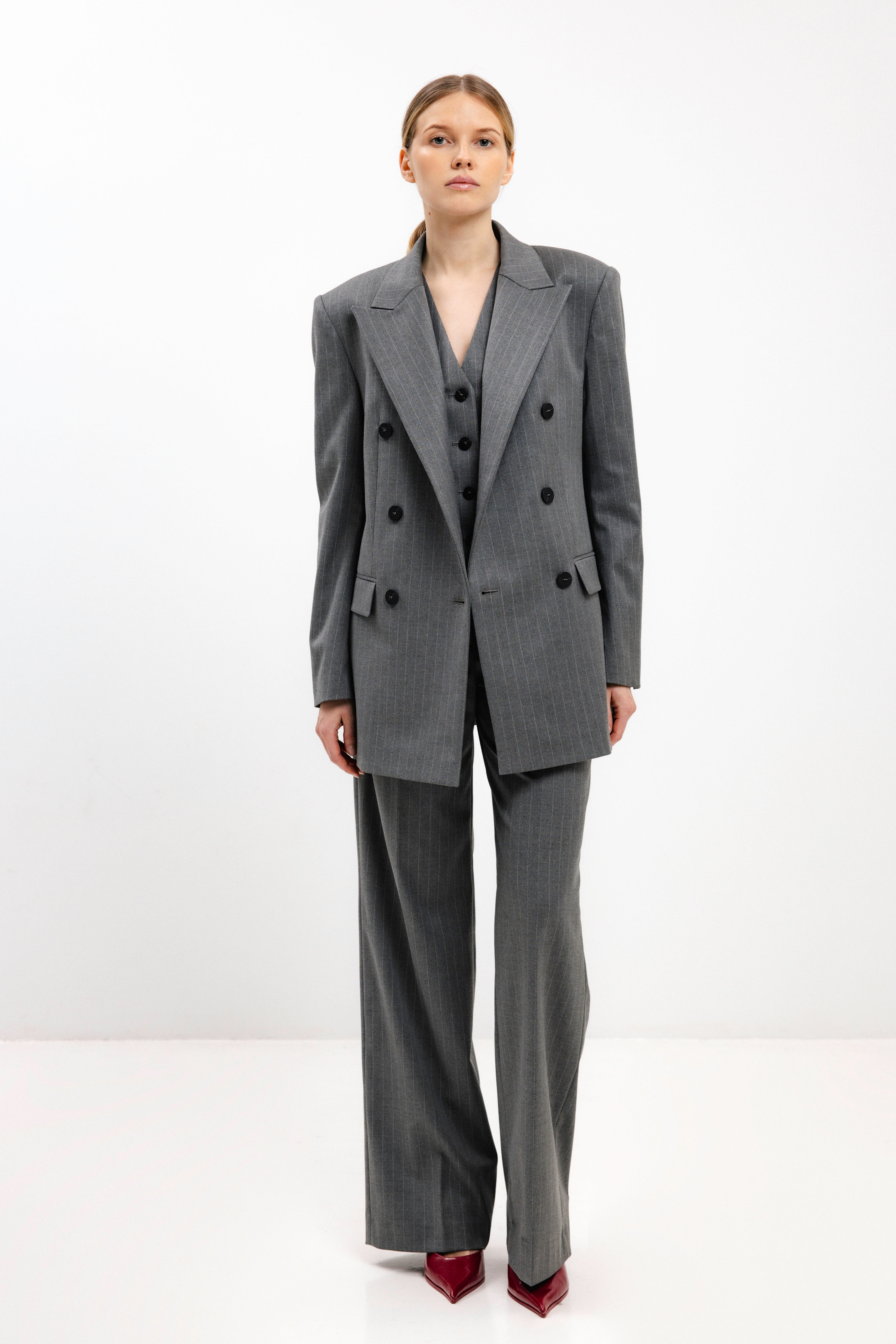 GREY STRIPED STRAIGHT-CUT TROUSERS