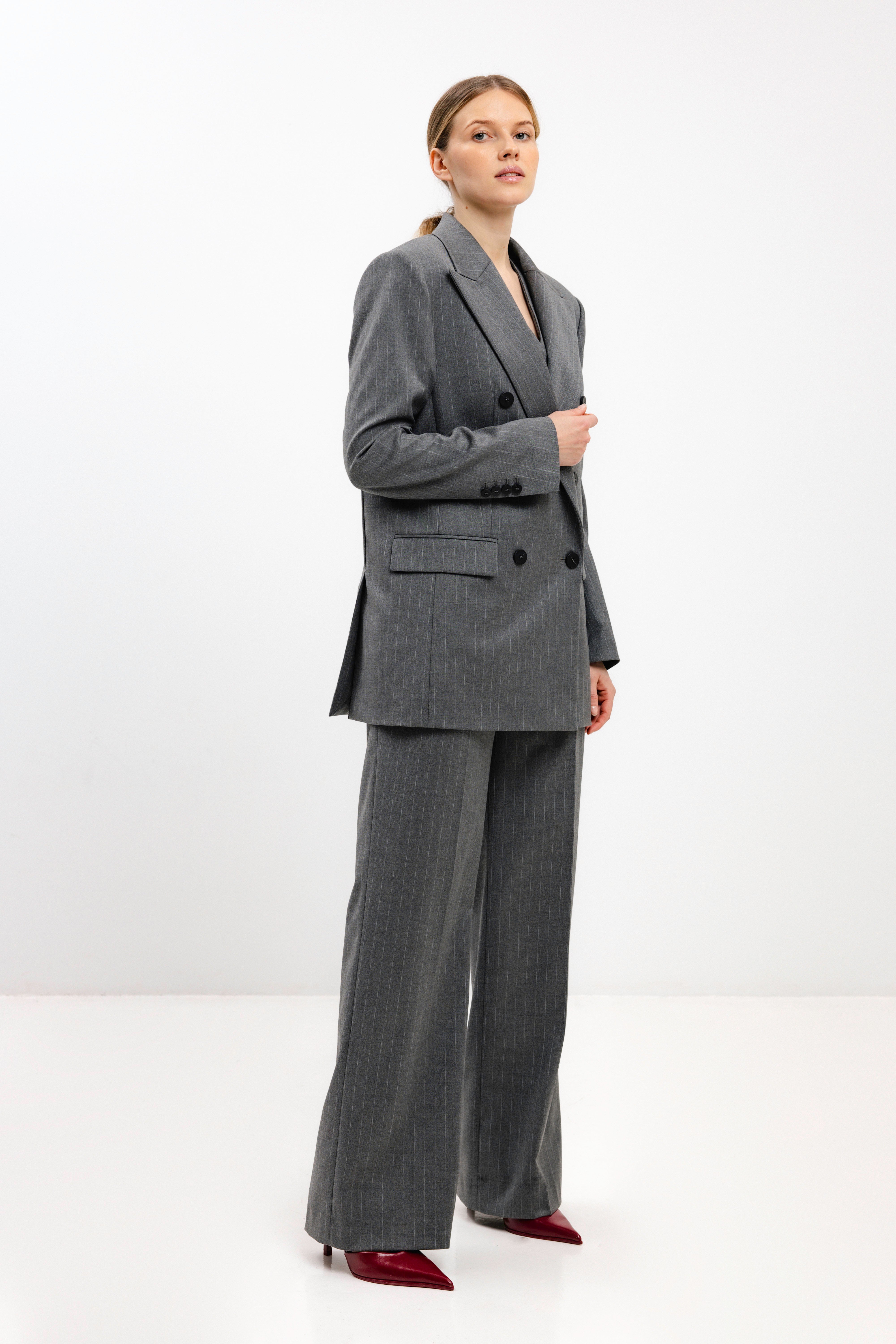 GREY STRIPED STRAIGHT-CUT TROUSERS