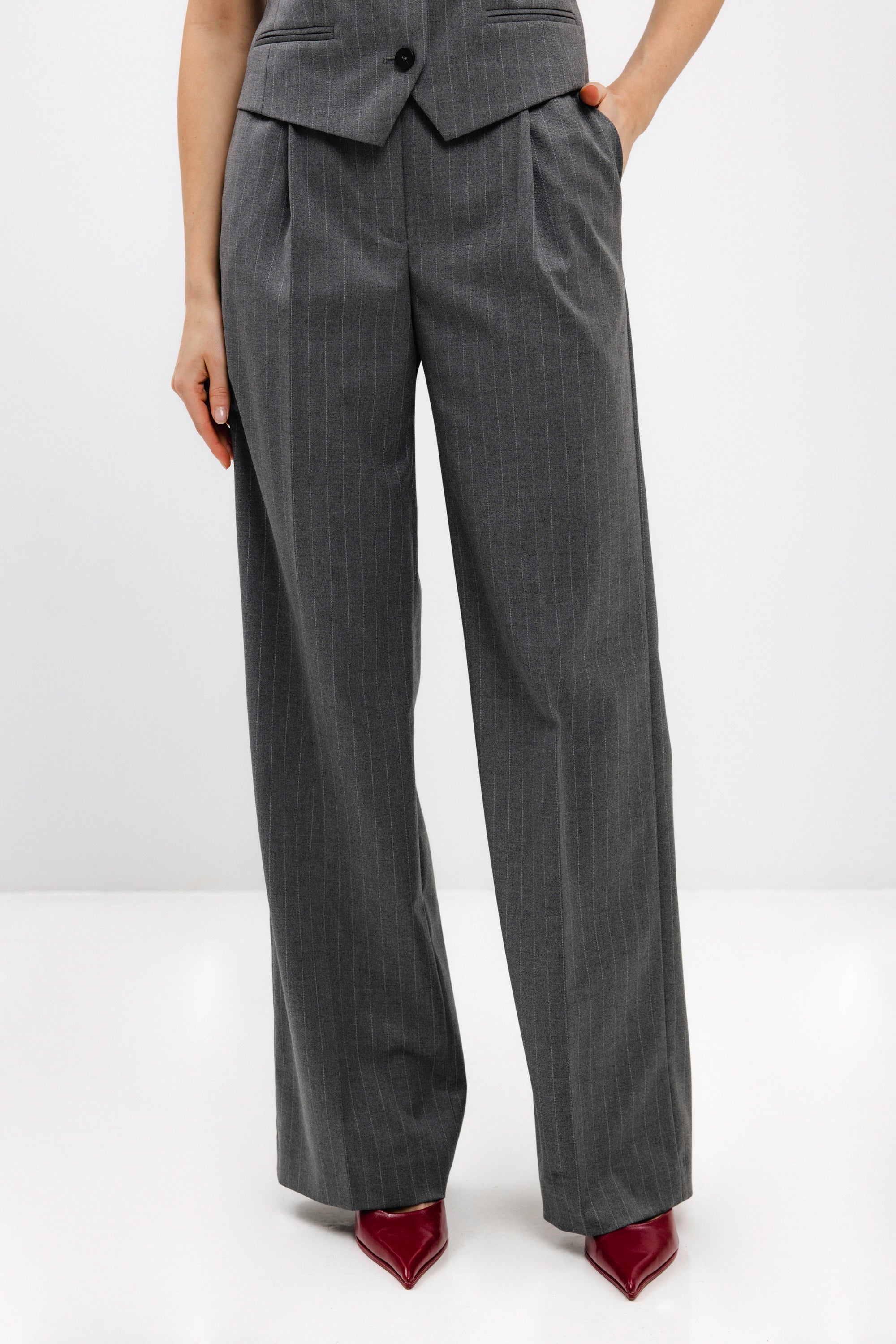 GREY STRIPED STRAIGHT-CUT TROUSERS
