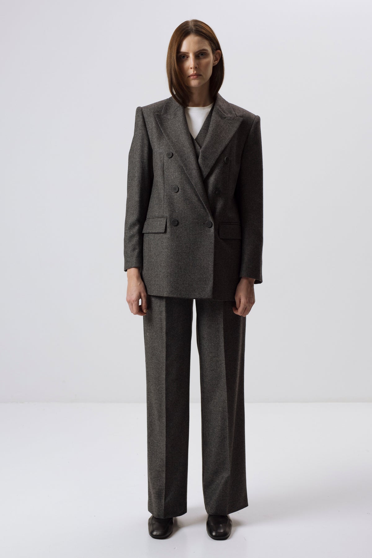 GREY STRAIGHT-LEG WOOL-BLEND TROUSERS WITH HERRINGBONE PATTERN
