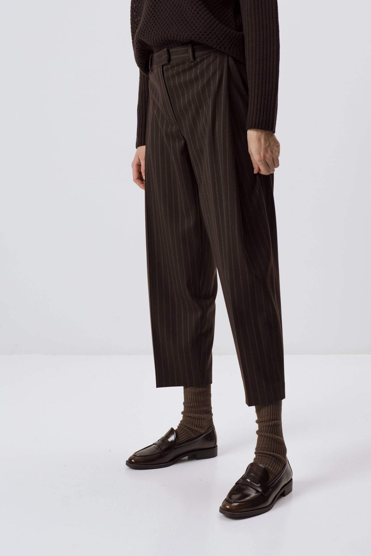 DARK BROWN PINSTRIPE TAPERED WOOL-BLEND TROUSERS