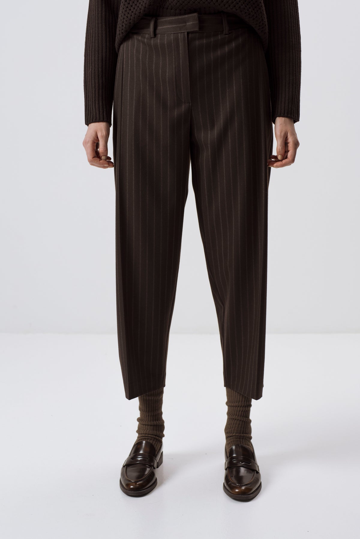 DARK BROWN PINSTRIPE TAPERED WOOL-BLEND TROUSERS