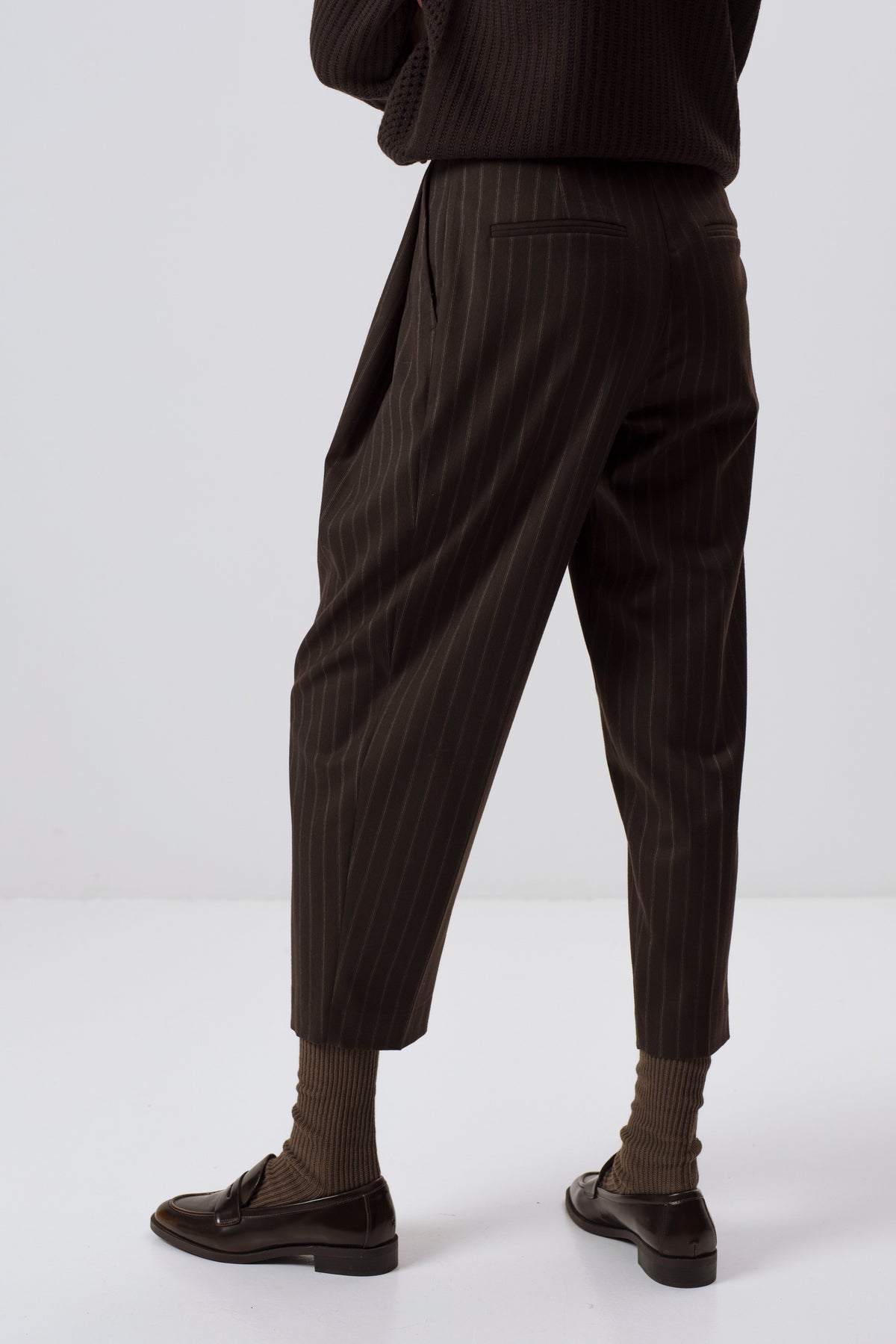 DARK BROWN PINSTRIPE TAPERED WOOL-BLEND TROUSERS