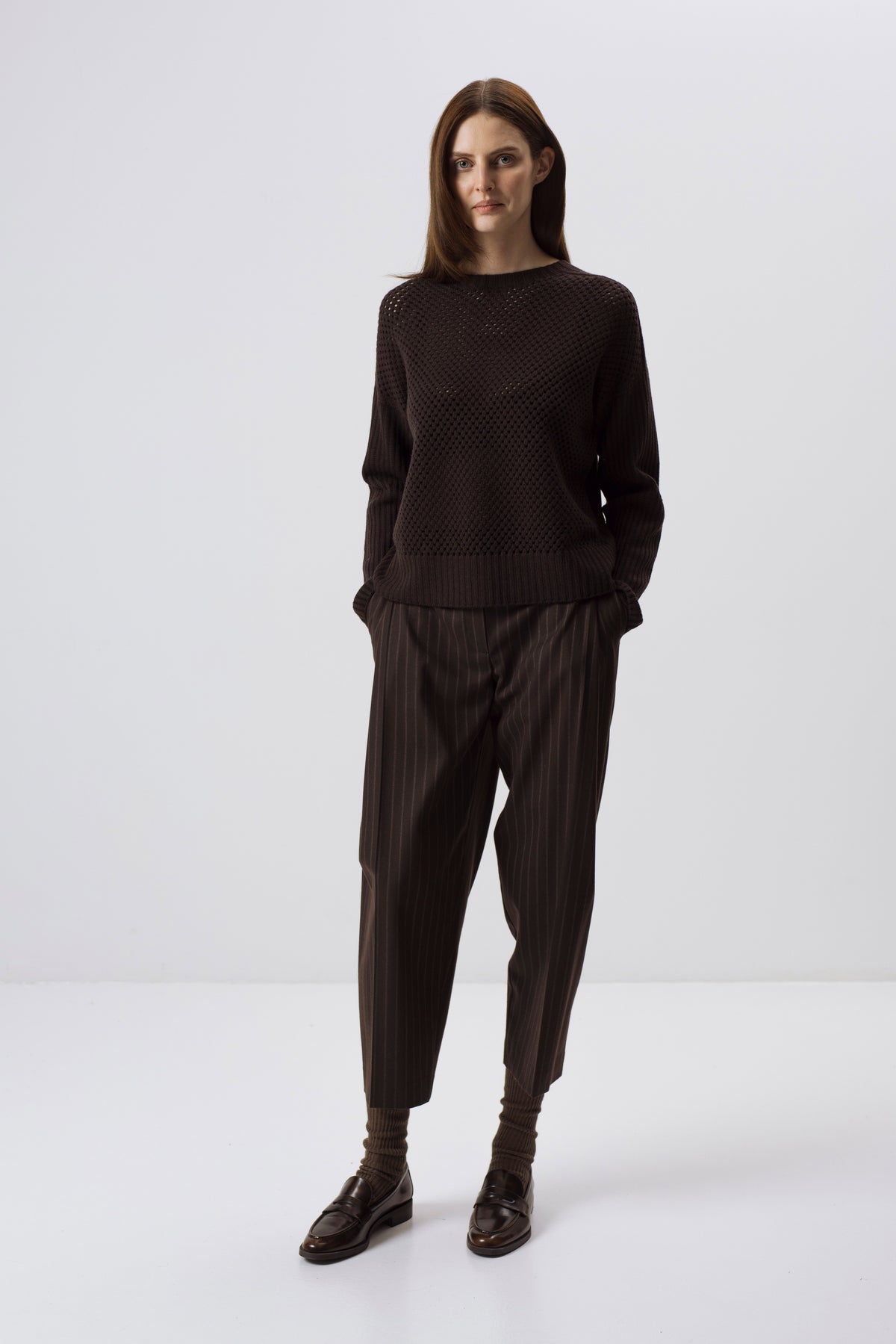 DARK BROWN PINSTRIPE TAPERED WOOL-BLEND TROUSERS