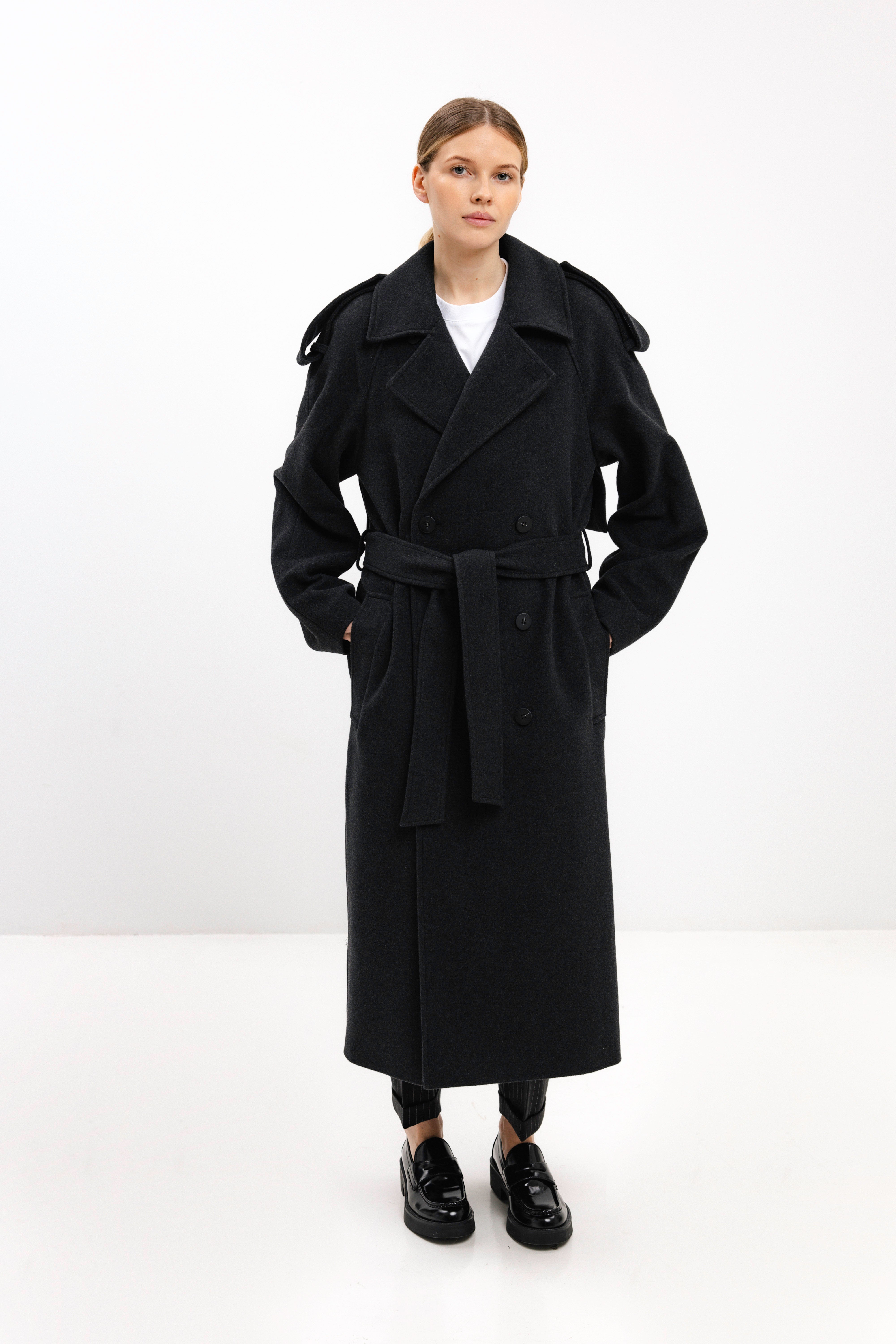 UNISEX LONG ANTHRACITE DOUBLE-BREASTED WOOL COAT – InAvati