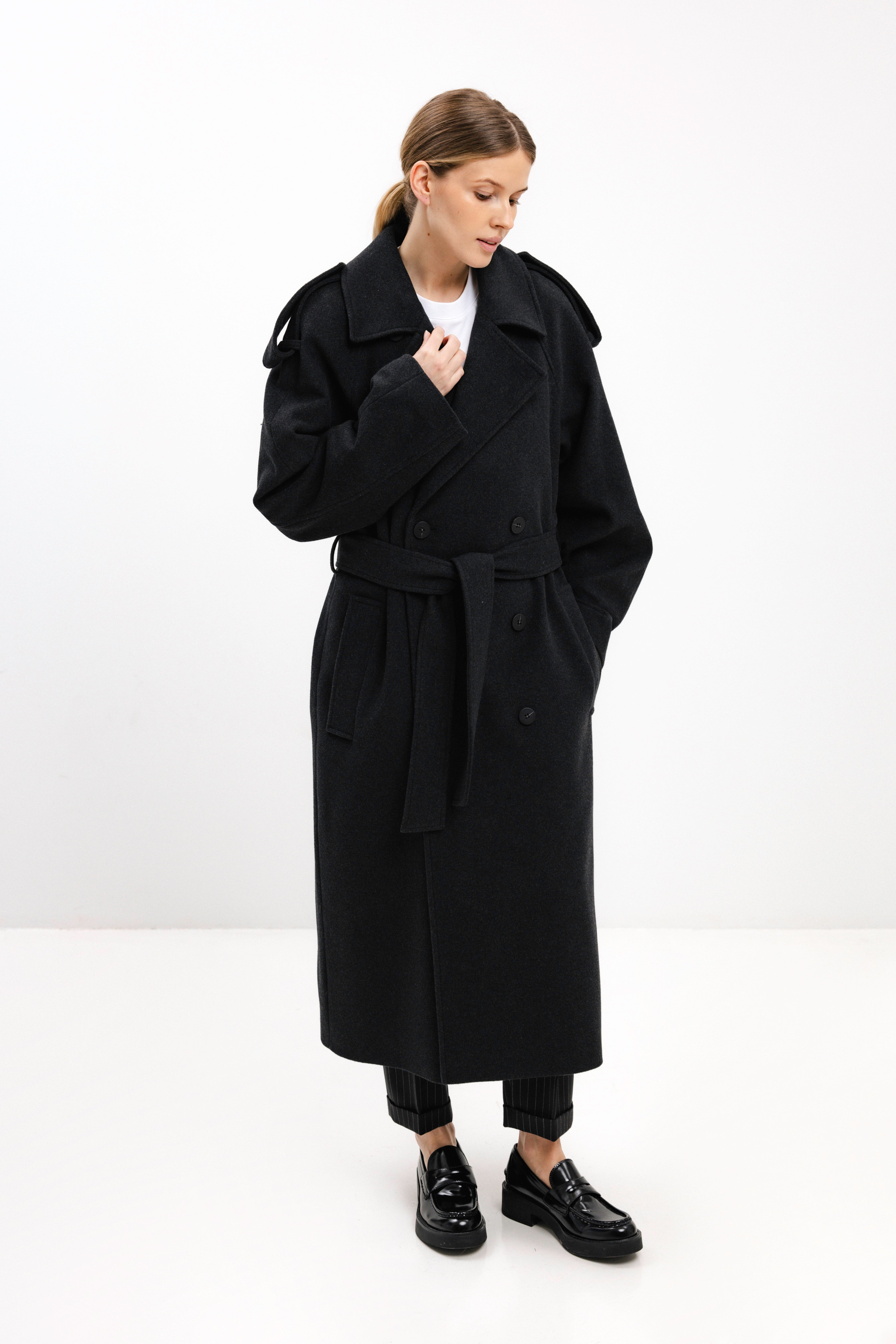 UNISEX LONG ANTHRACITE DOUBLE-BREASTED WOOL COAT